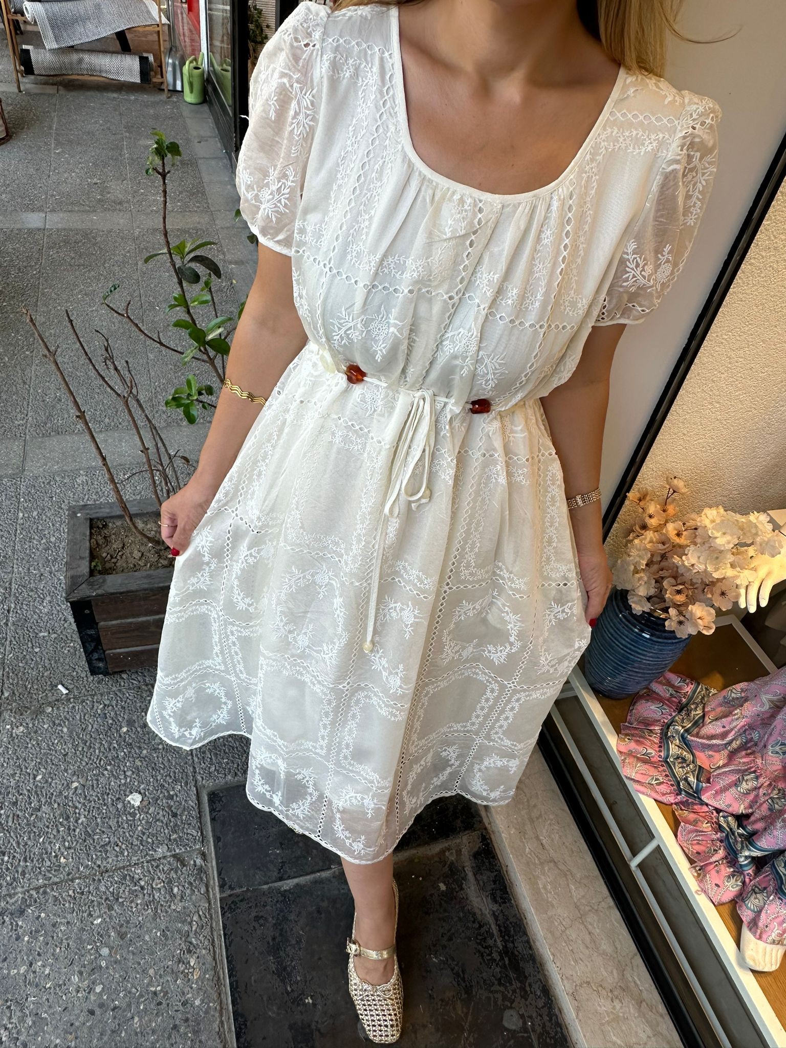 Karpuz Kol Boncuk Kemer Detaylı Elbise