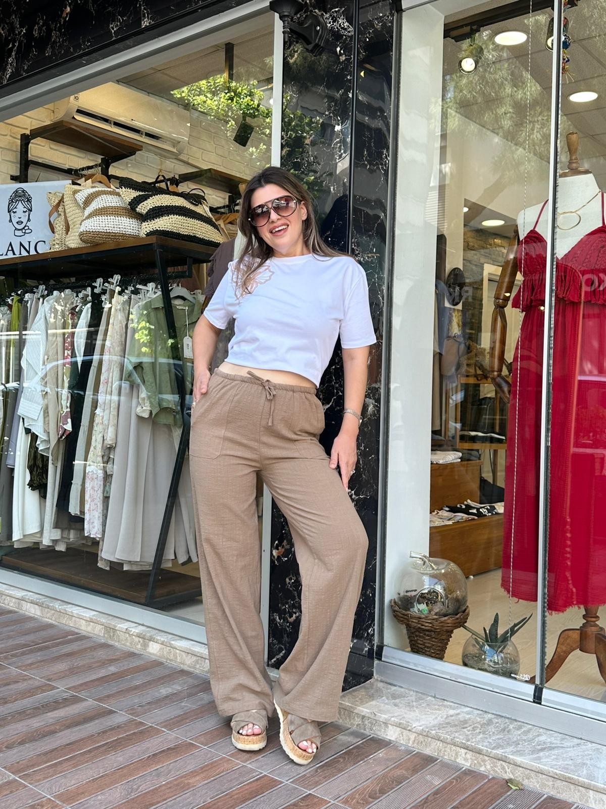 Beli Lastikli Keten Pantolon - Kahve