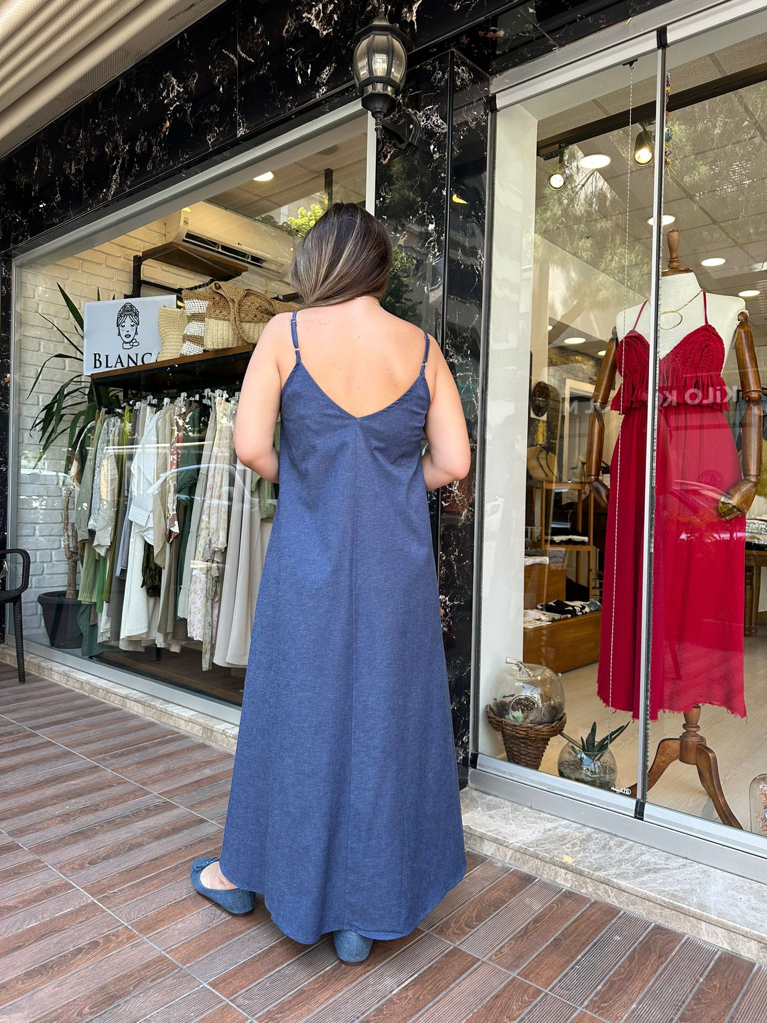 Askılı İnce Denim Elbise