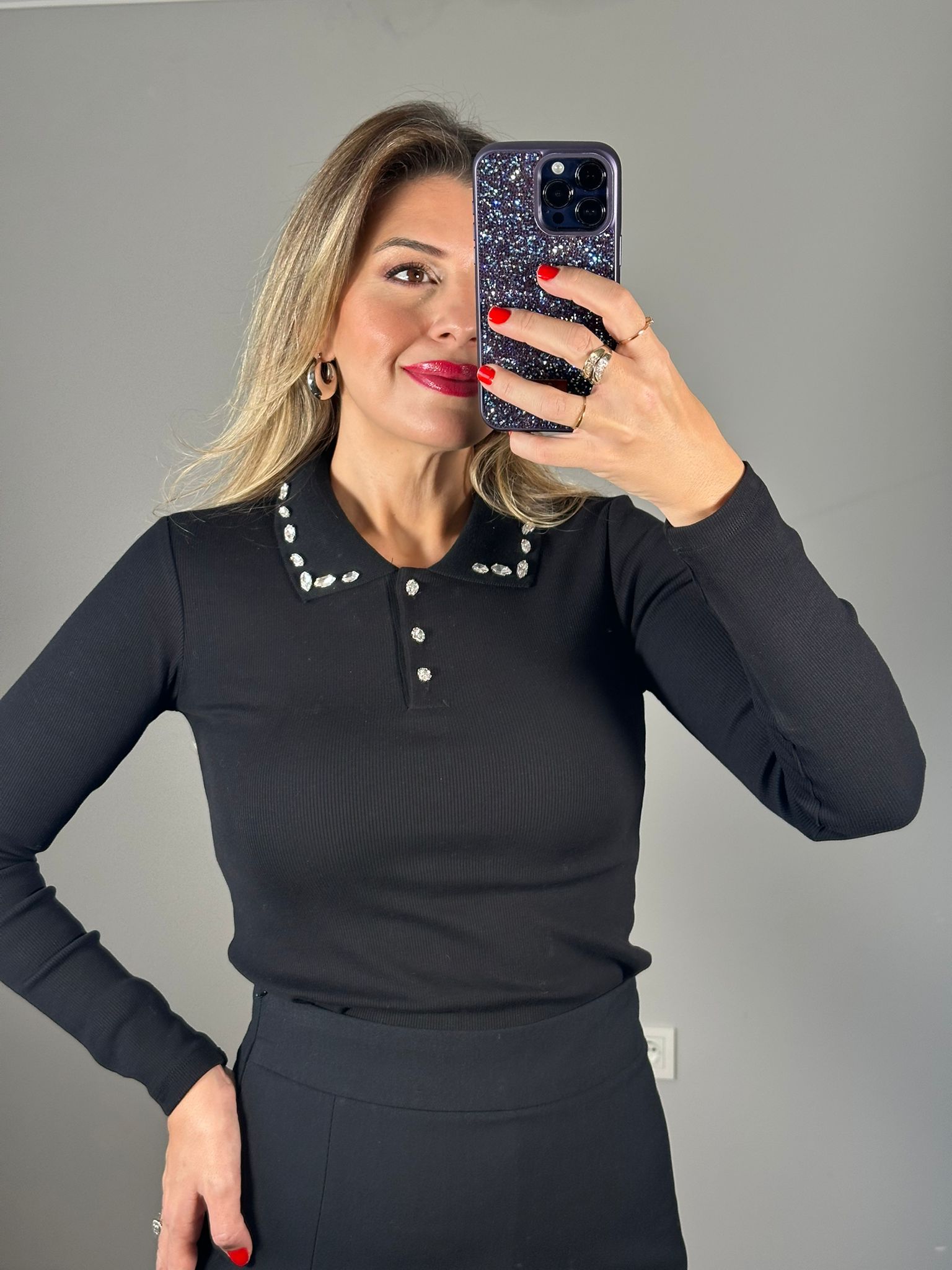 Polo Yaka Taş İşlemeli Body - Siyah