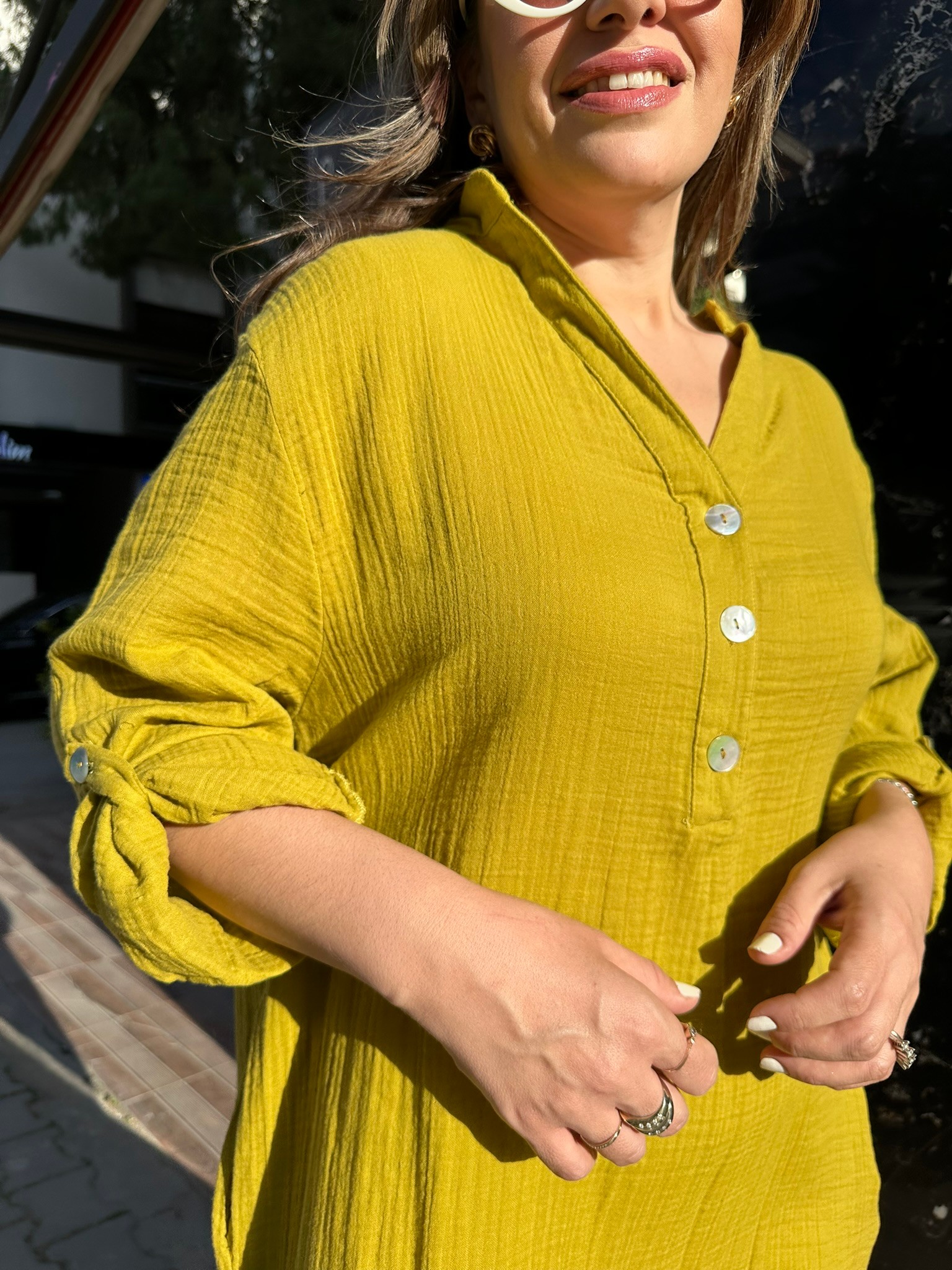 BLANCA Düğmeli Uzun Kollu Yanları Yırtmaçlı Elbise