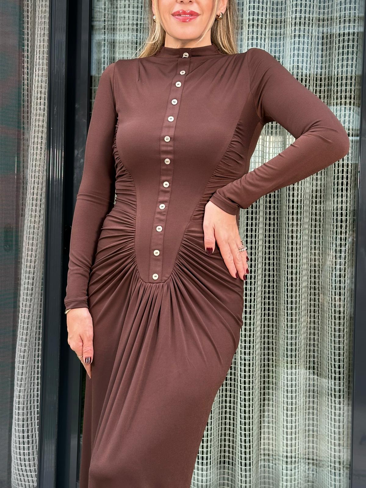 Ön Düğmeli Drape Detaylı Uzun Elbise