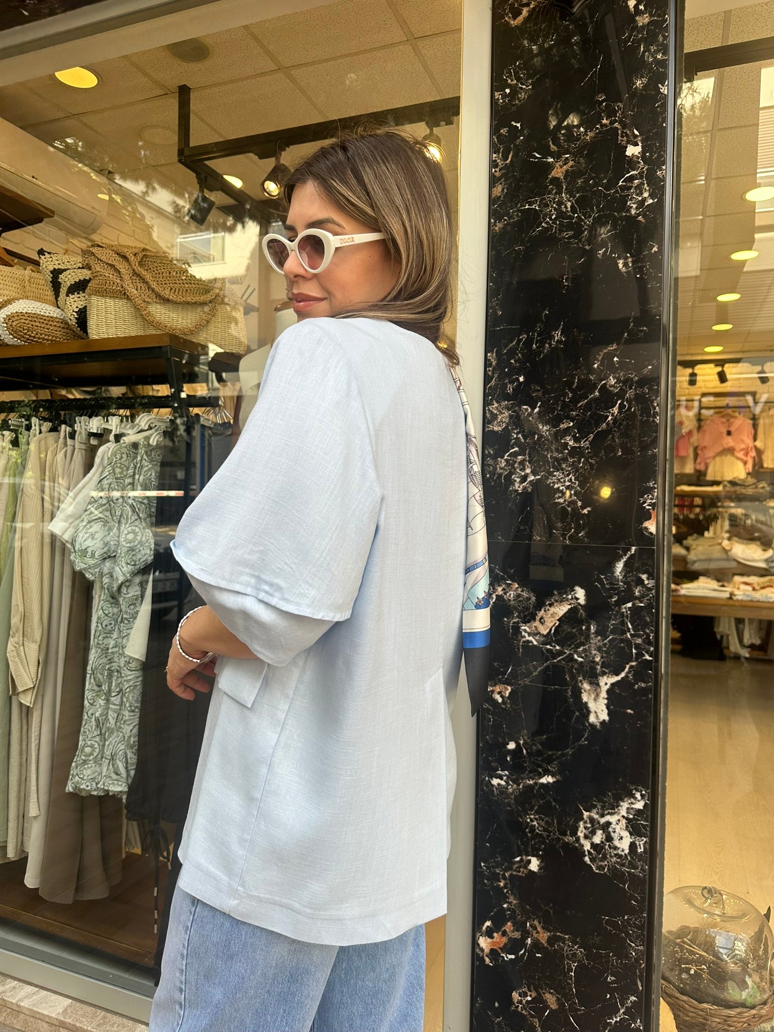 Keten Balon Kol Detaylı Tek Düğmeli Ceket