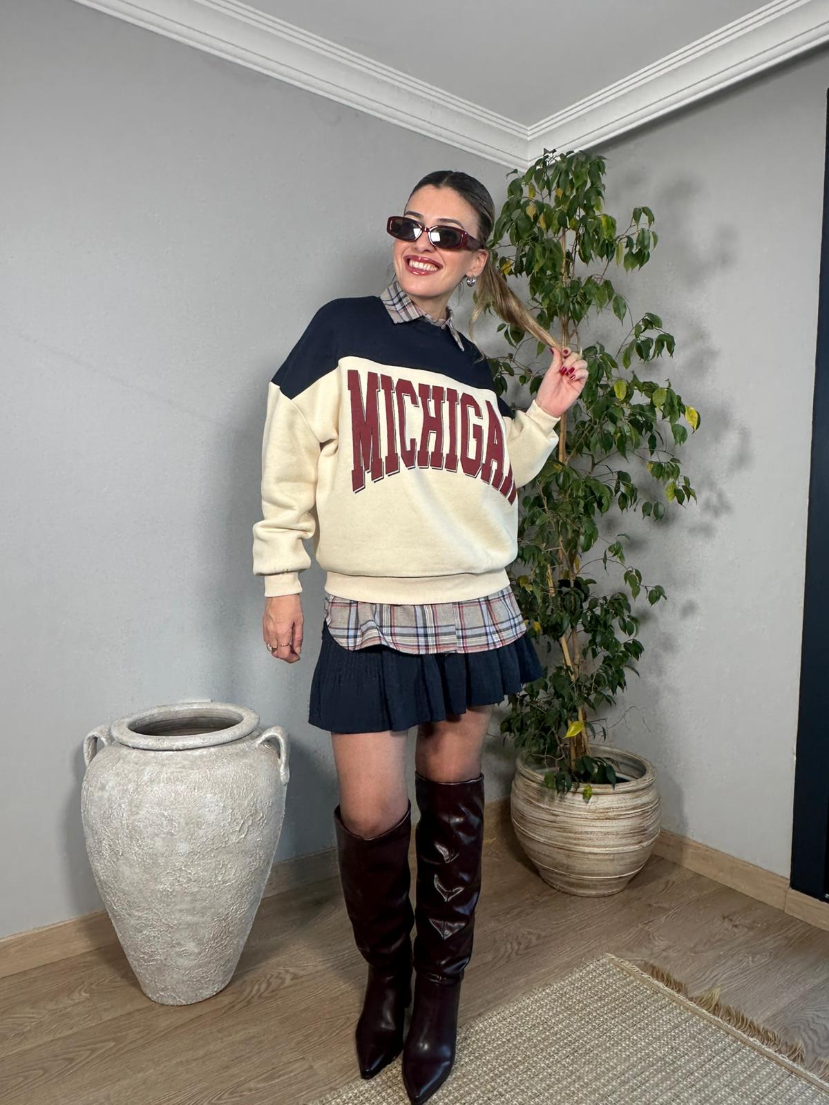 Şardonlu Baskılı Oversize Sweatshirt - Bej