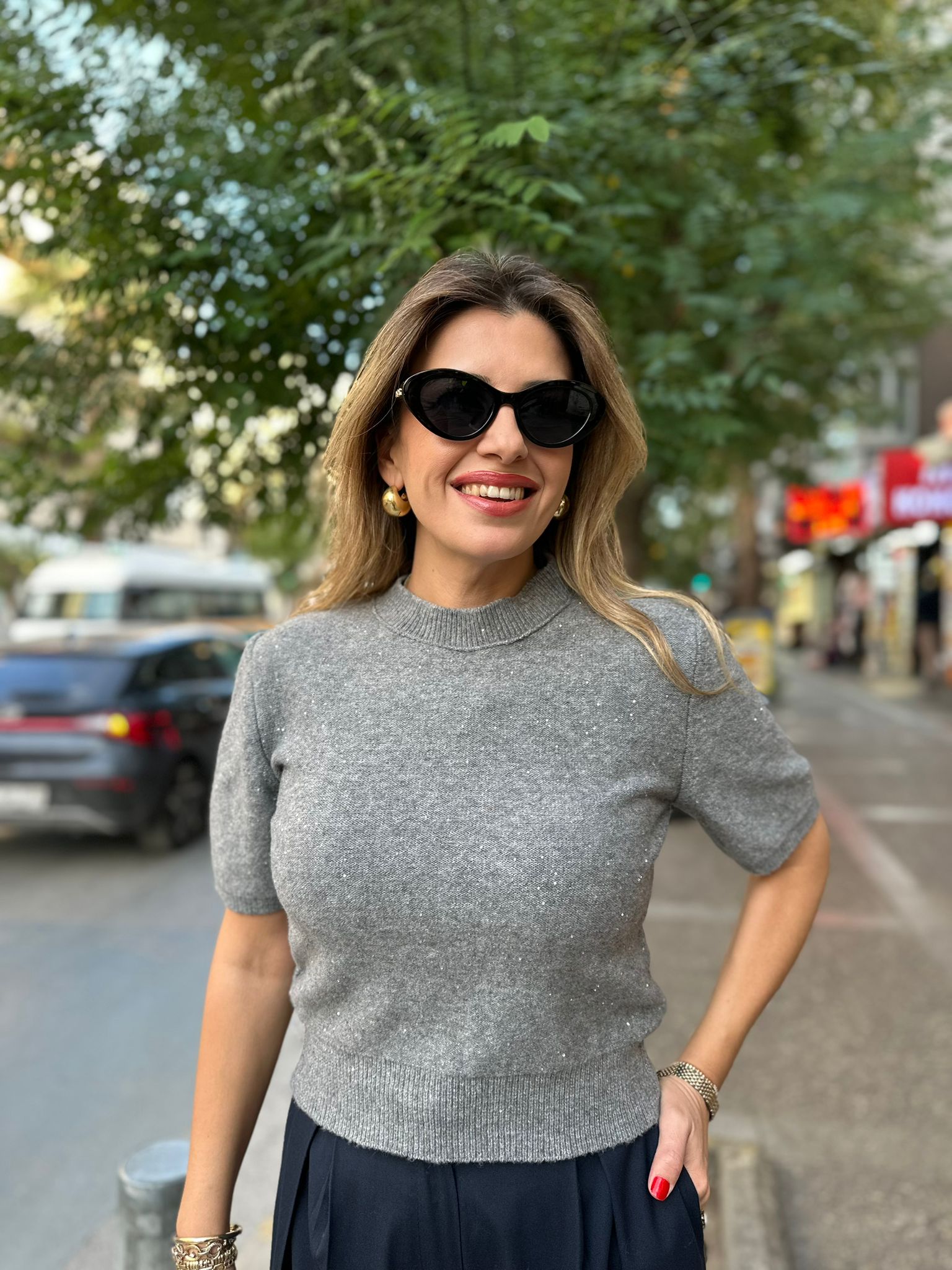 Pul İşlemeli Yarım Kol Triko Kazak - Gri