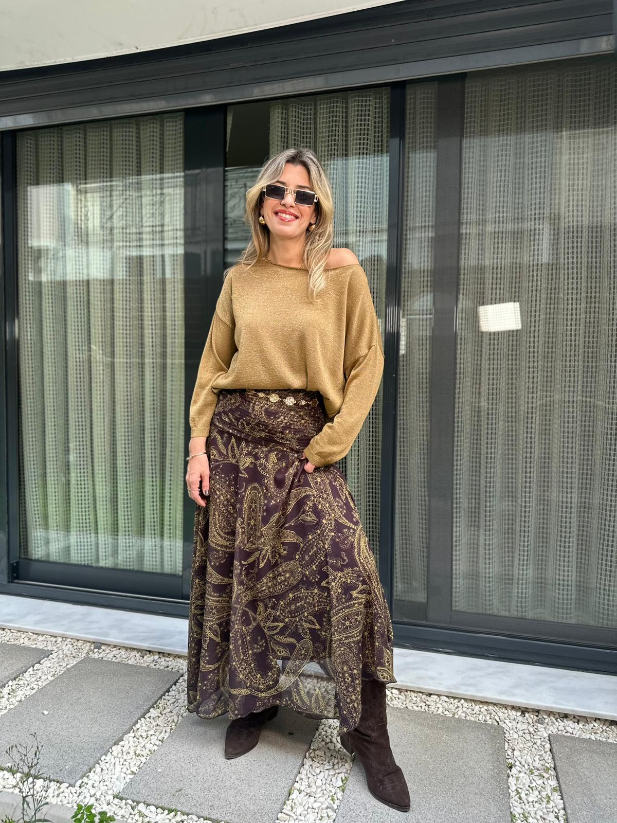 Şal Desen Alt Asimetrik Kesim Etek - Kahve