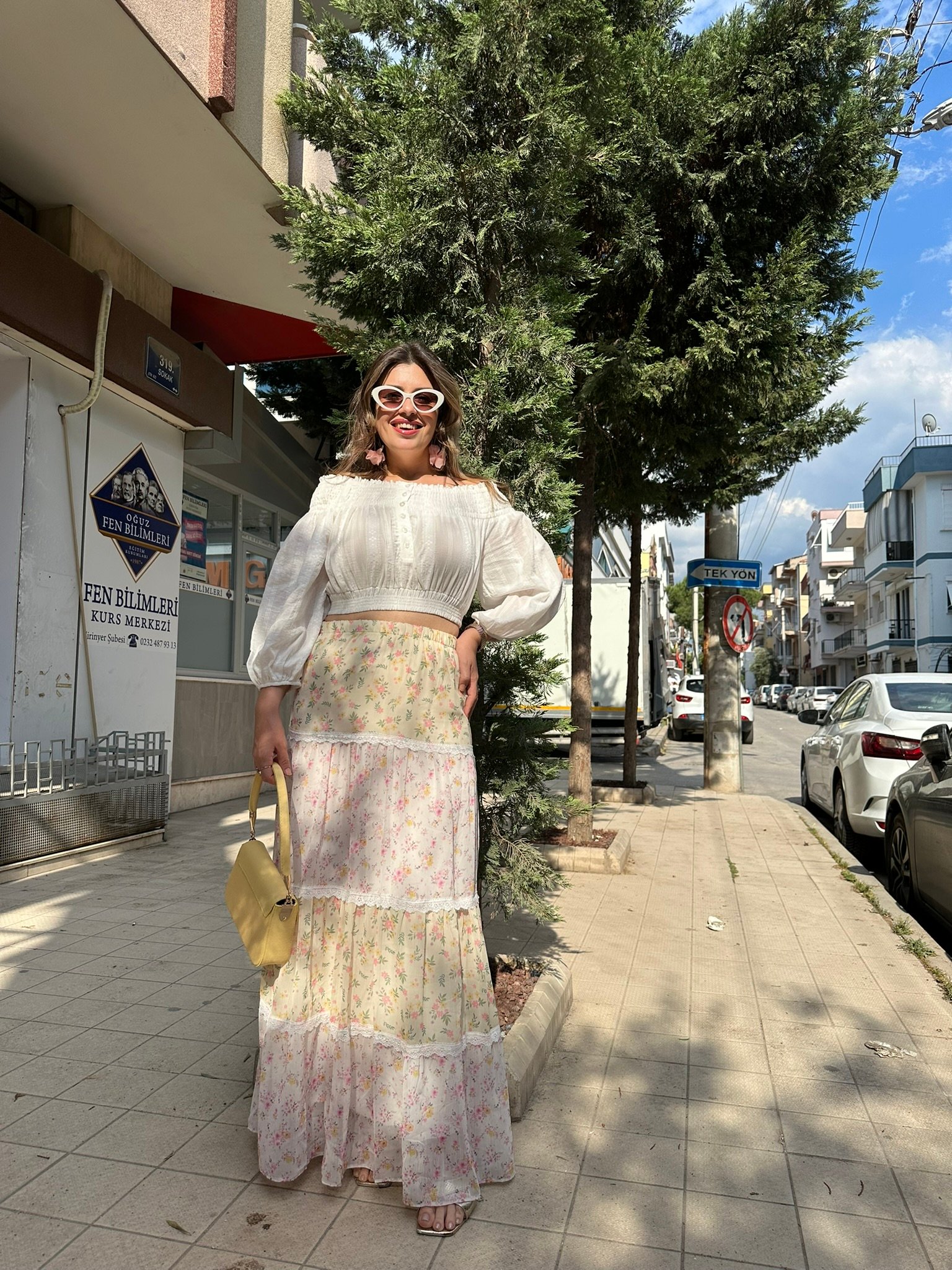Renkli Fırfırlı Çiçekli Uzun Etek