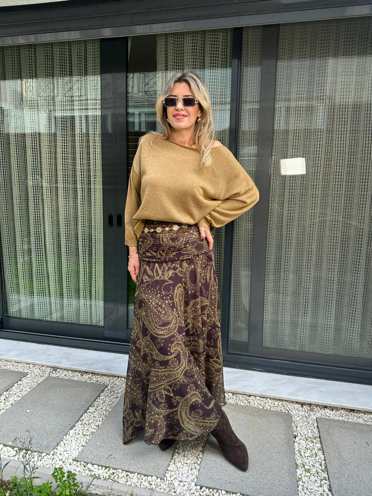 Şal Desen Alt Asimetrik Kesim Etek