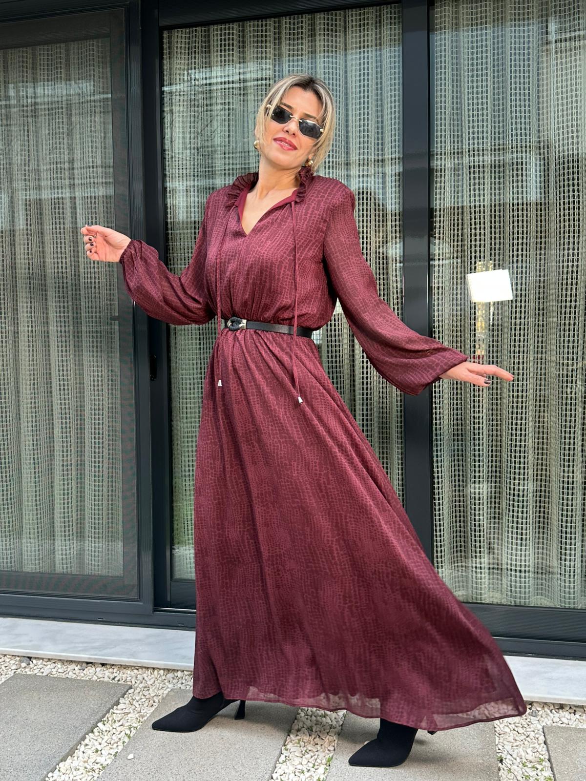 Fırfırlı Bağlamalı Kemerli Maxi Elbise