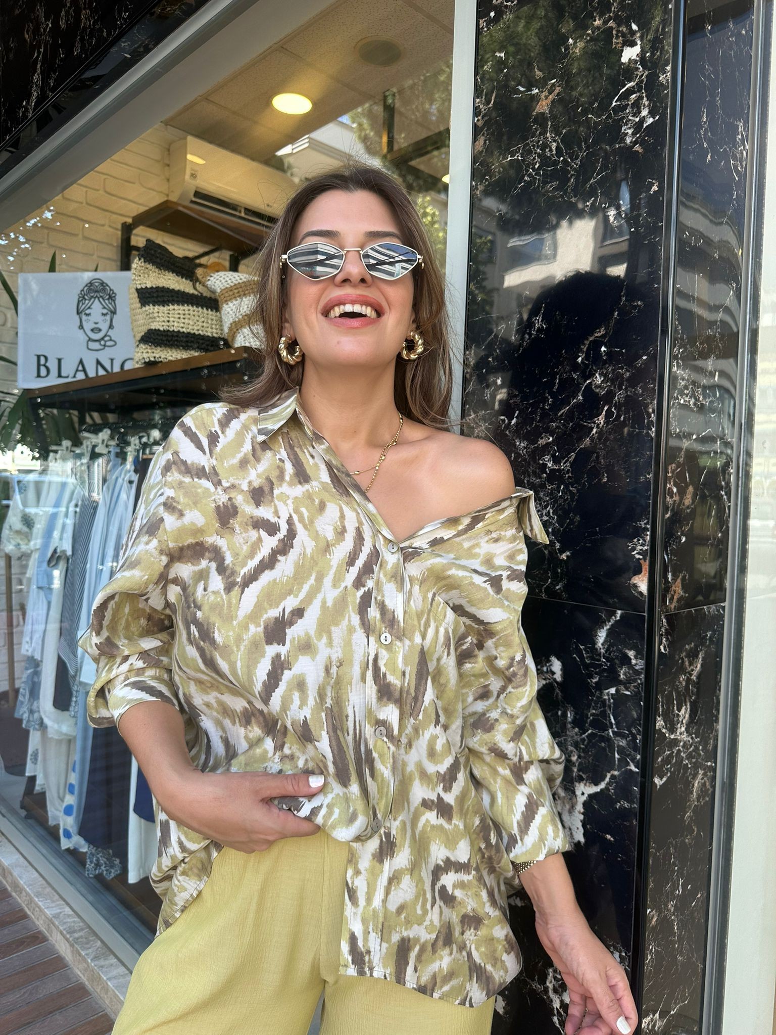 Desenli Cepli Oversize Gömlek - Yeşil