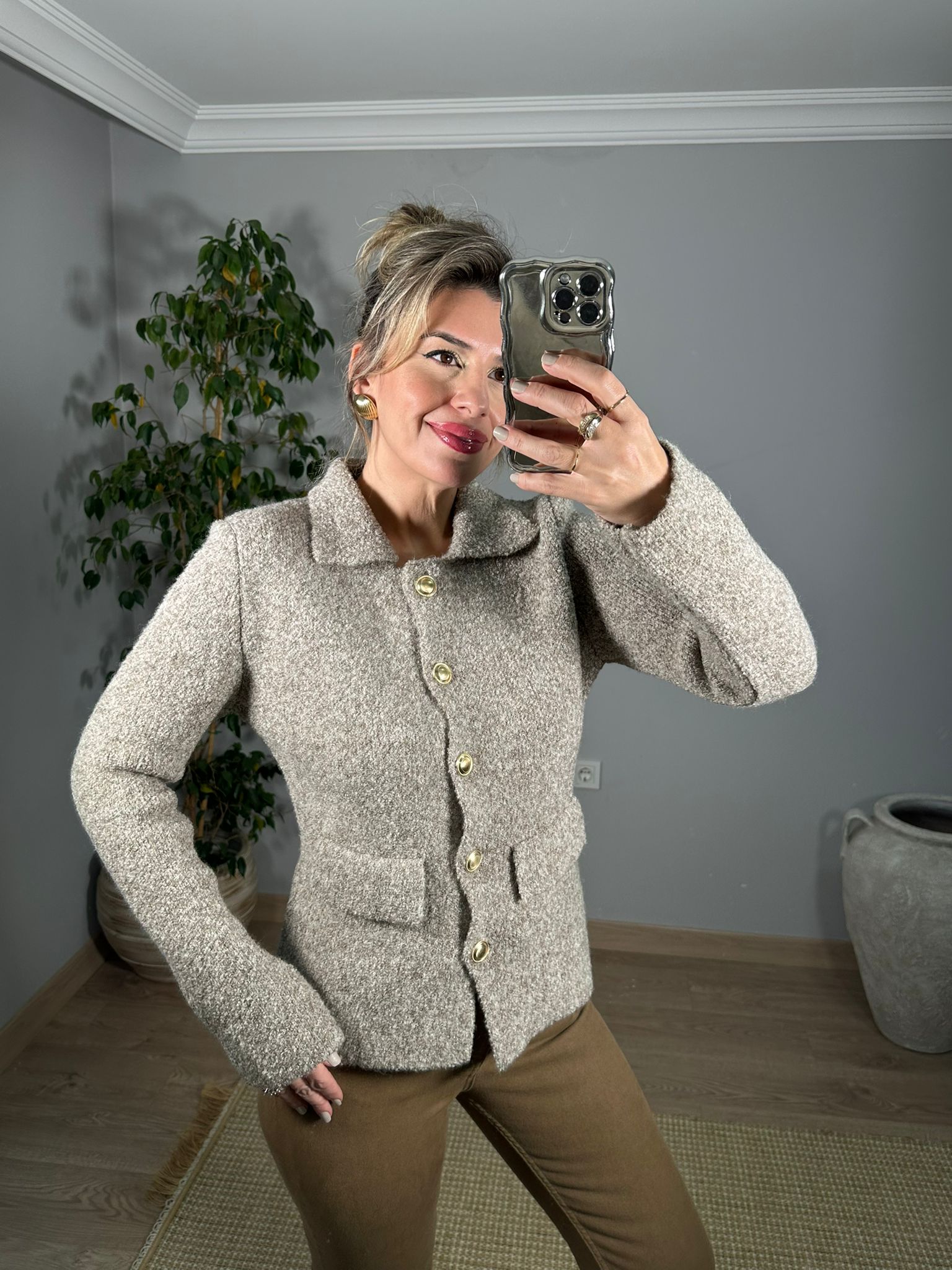 Polo Yaka Düğmeli Cep Detaylı Triko Hırka - Vizon