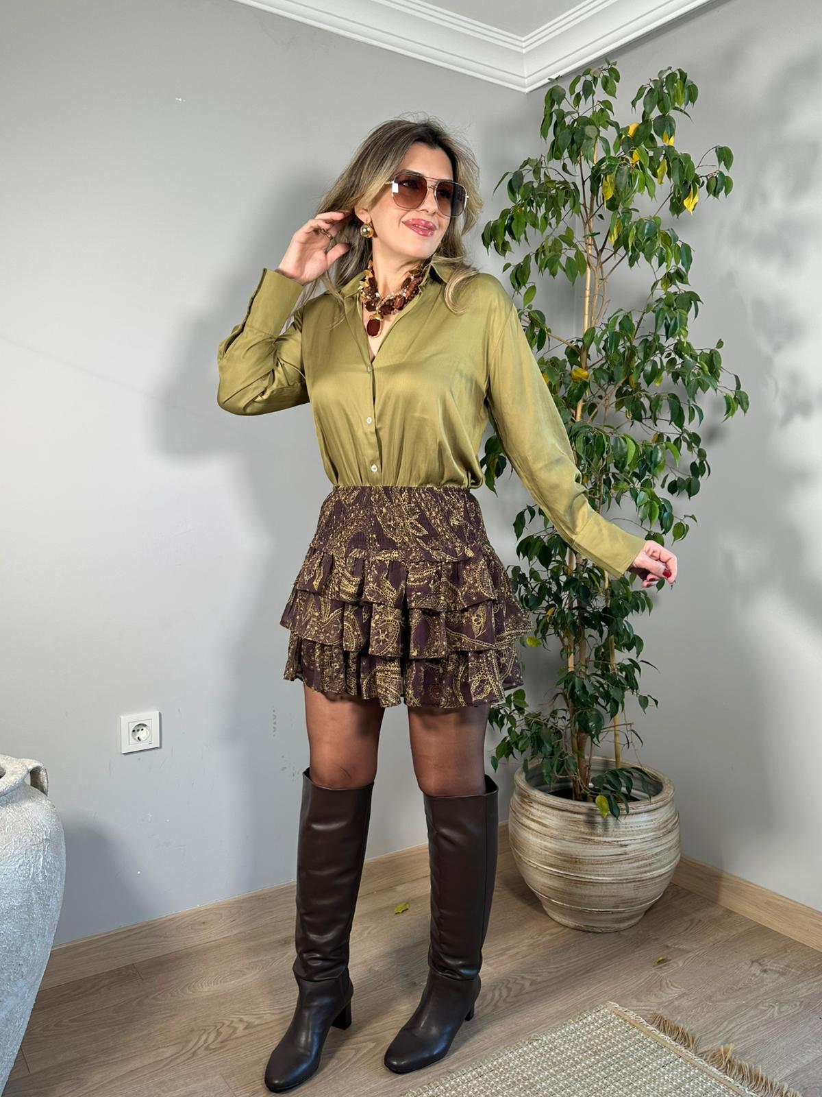 Diagonal Desen Saten Gömlek