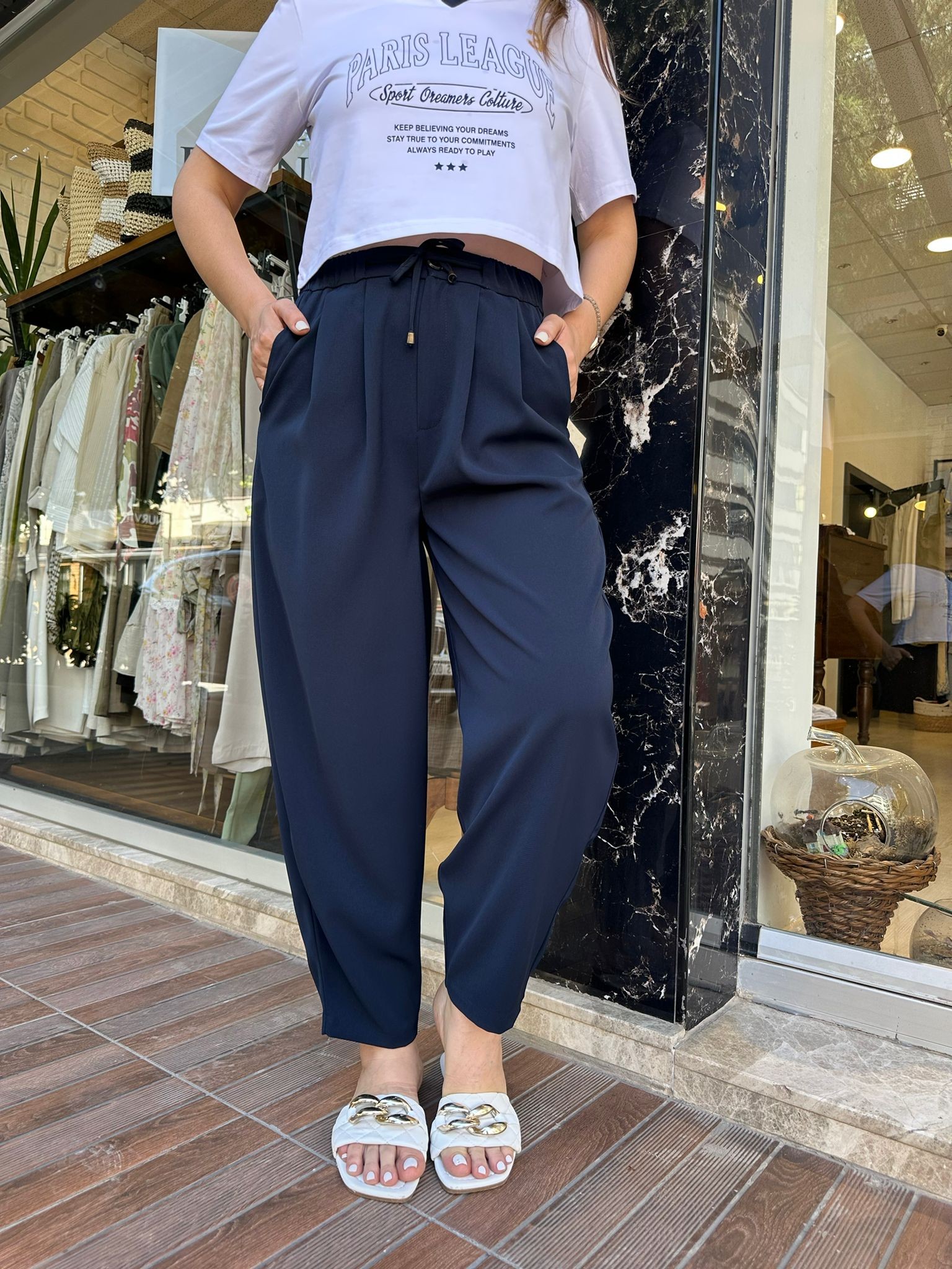 Şalvar Kesim Beli Lastikli Pantolon