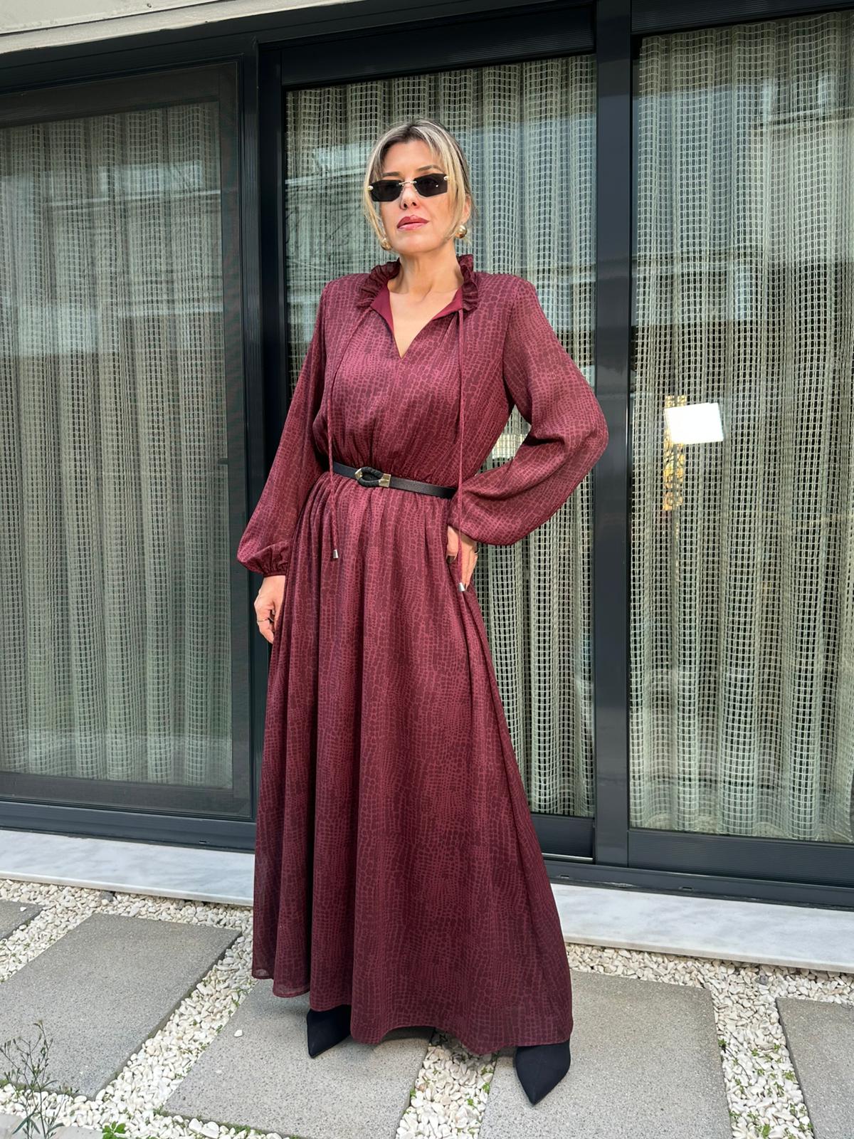 Fırfırlı Bağlamalı Kemerli Maxi Elbise