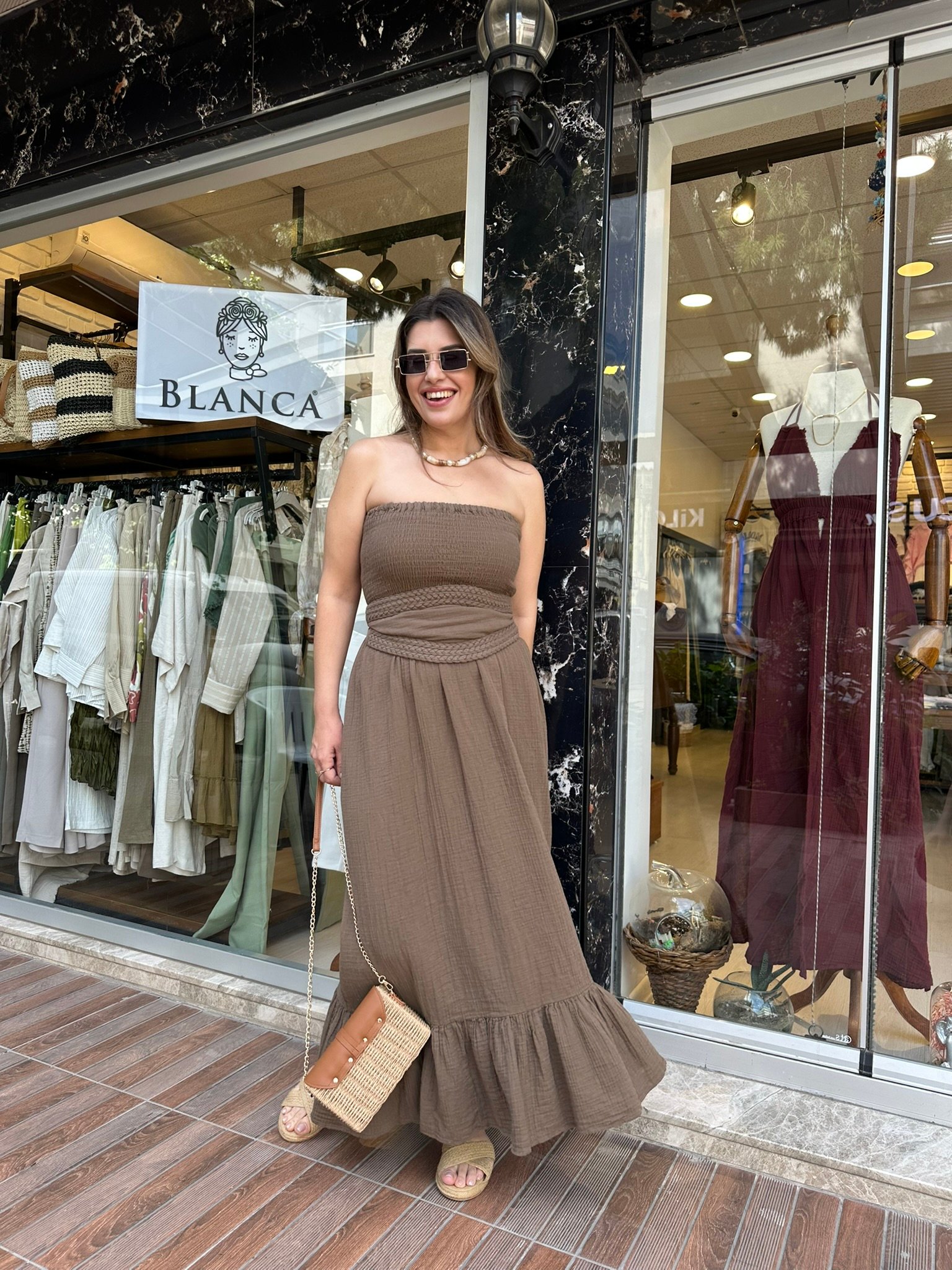 BLANCA Beli Örgü Kemer Detaylı Straplez Elbise - Kahve