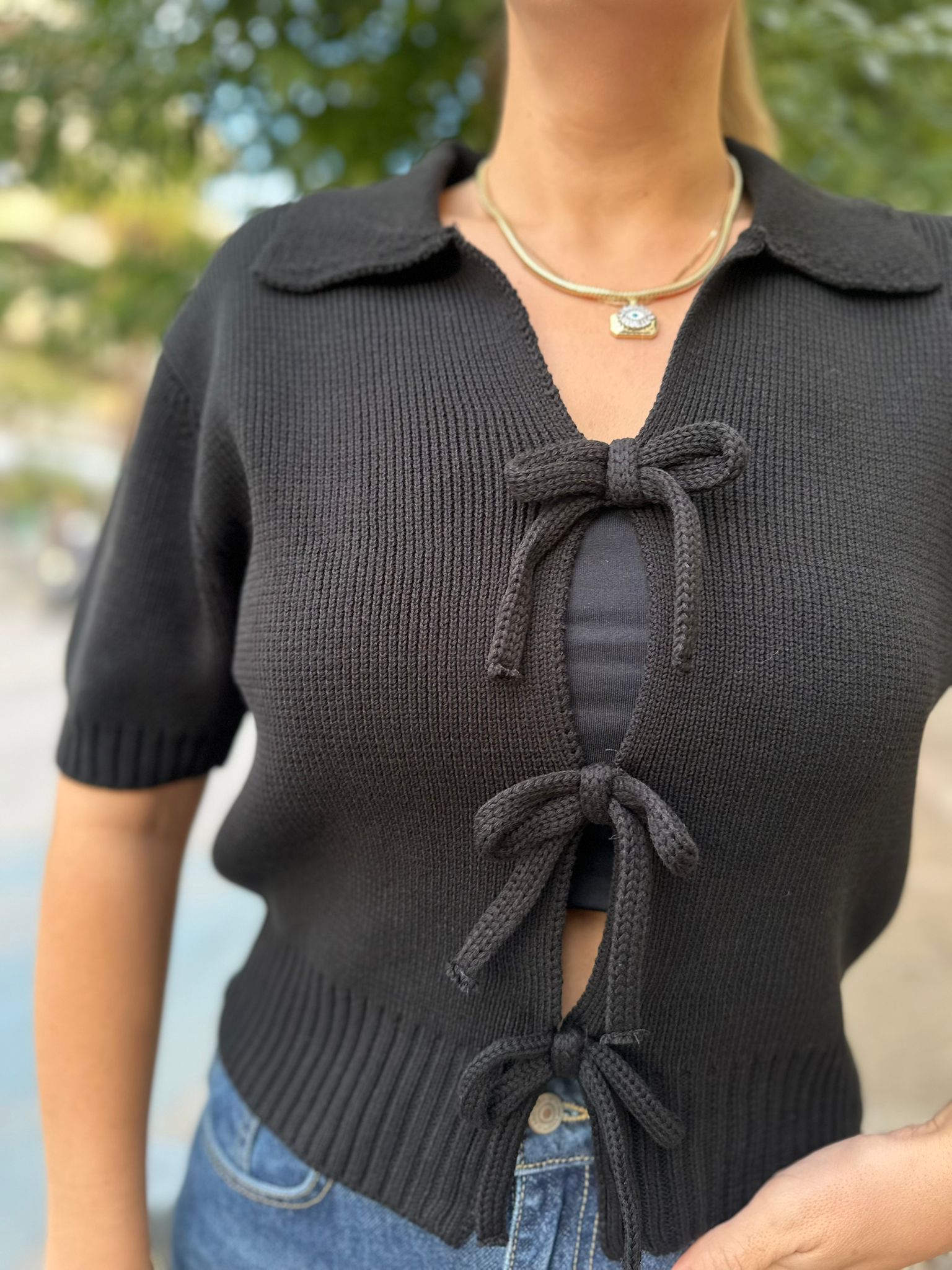 Polo Yaka Fiyonklu Yarım Kol Triko Kazak
