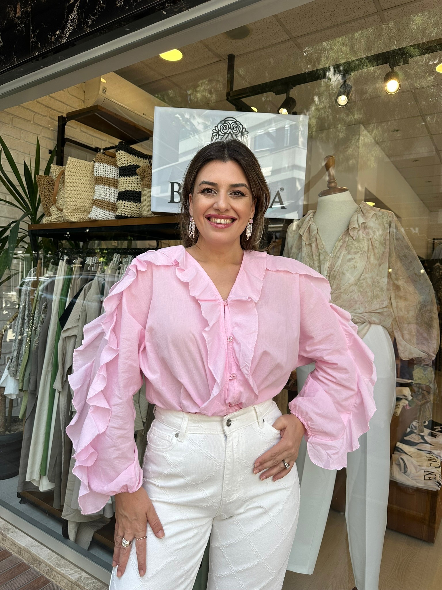 Dökümlü Fırfırlı Gömlek - Pembe