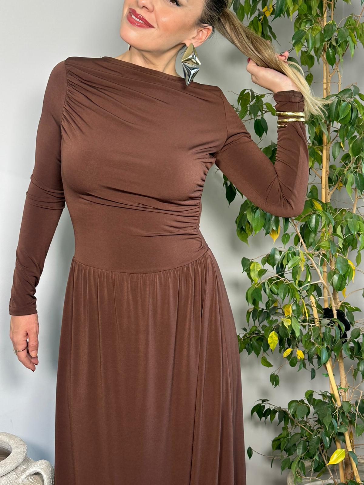  Yan Büzgülü Uzun Kollu Elbise