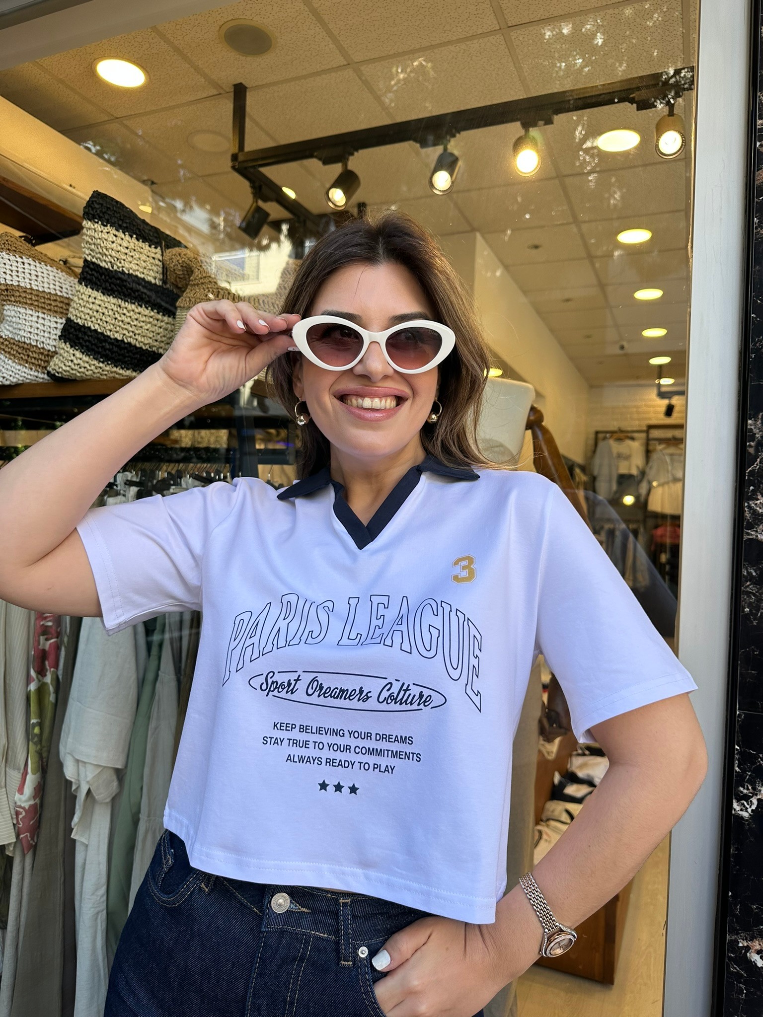 Polo Yaka Lacivert Yazılı Crop T-shirt