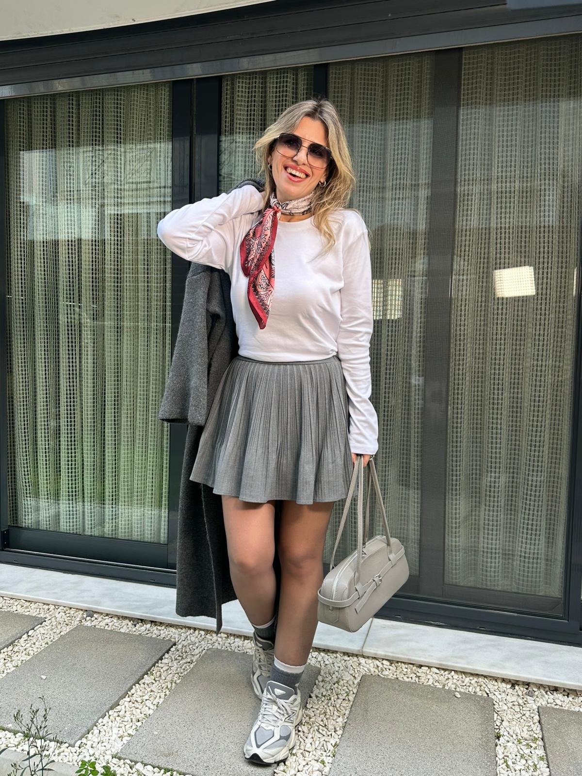 Pileli Şort Etek (Gramajlı) - Gri