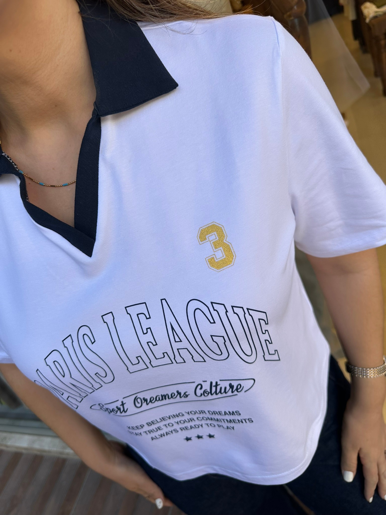 Polo Yaka Lacivert Yazılı Crop T-shirt