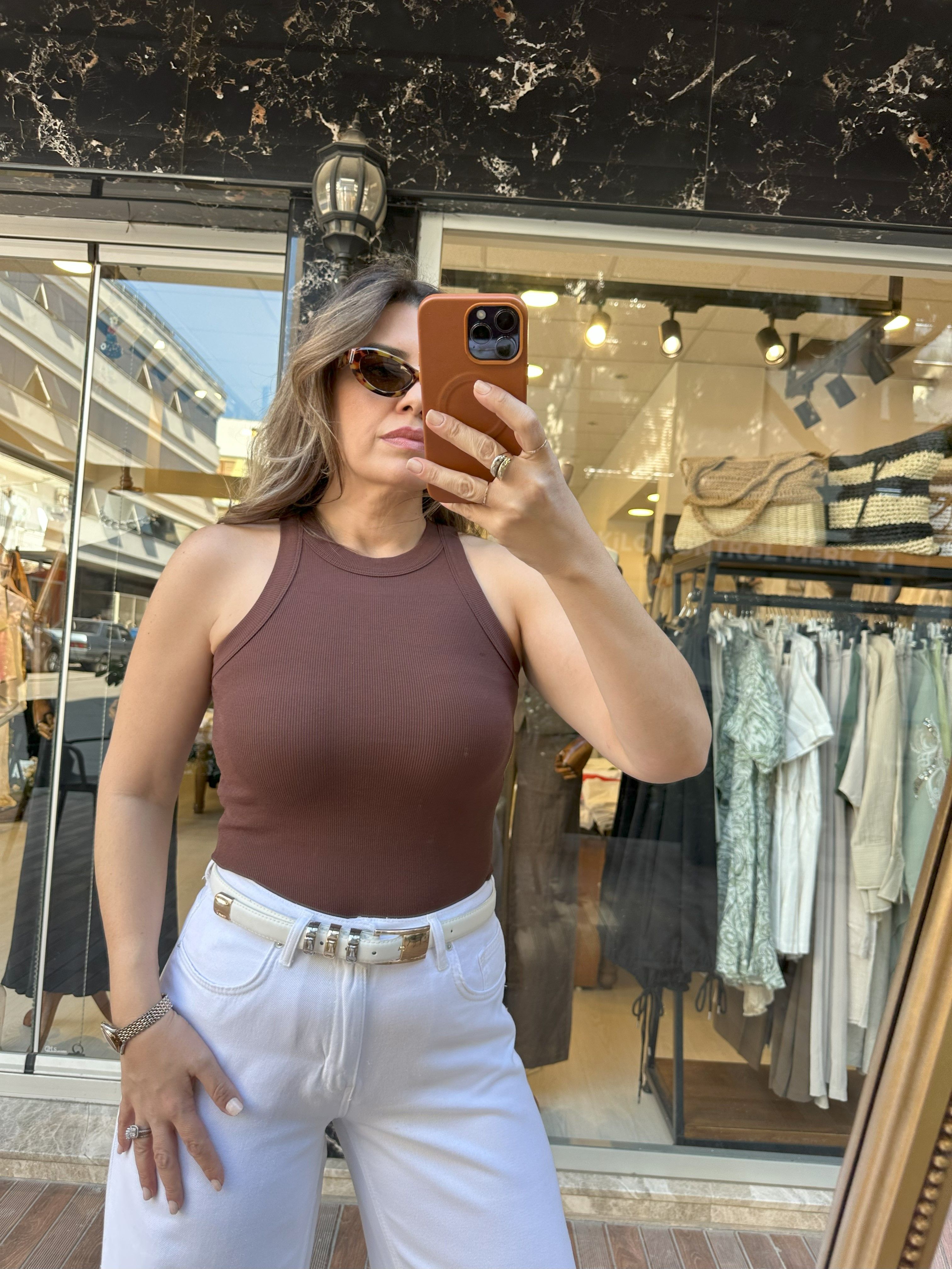 Halter Yaka Kaşkorse Body - Kahve