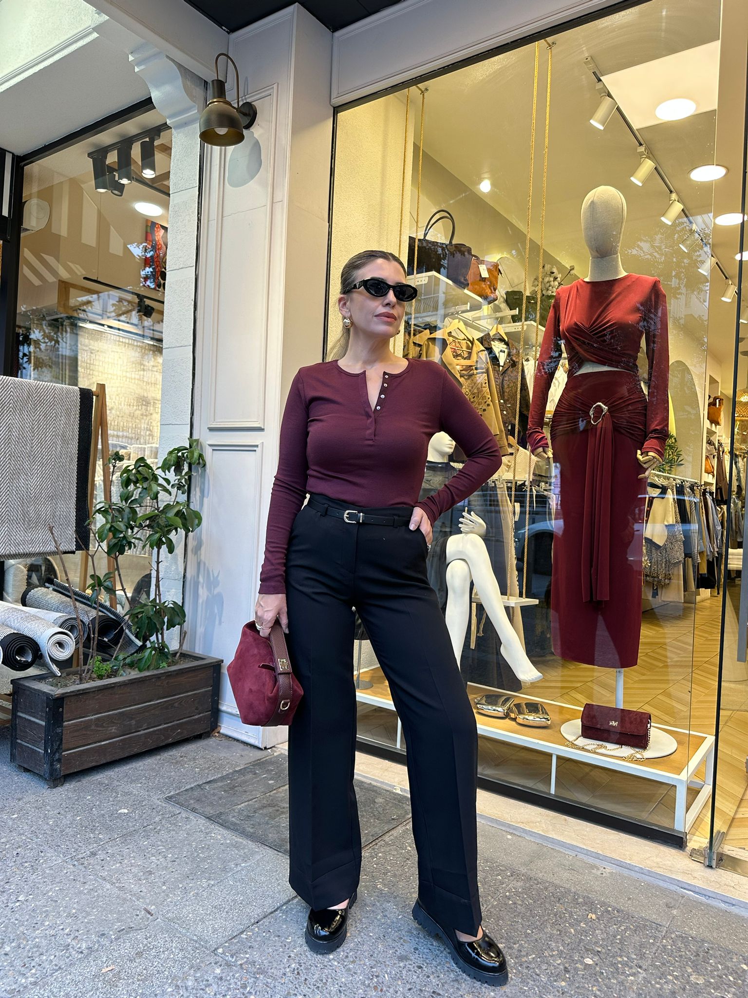 Beli Kemerli Duble Paça Detaylı Kumaş Pantolon - Siyah