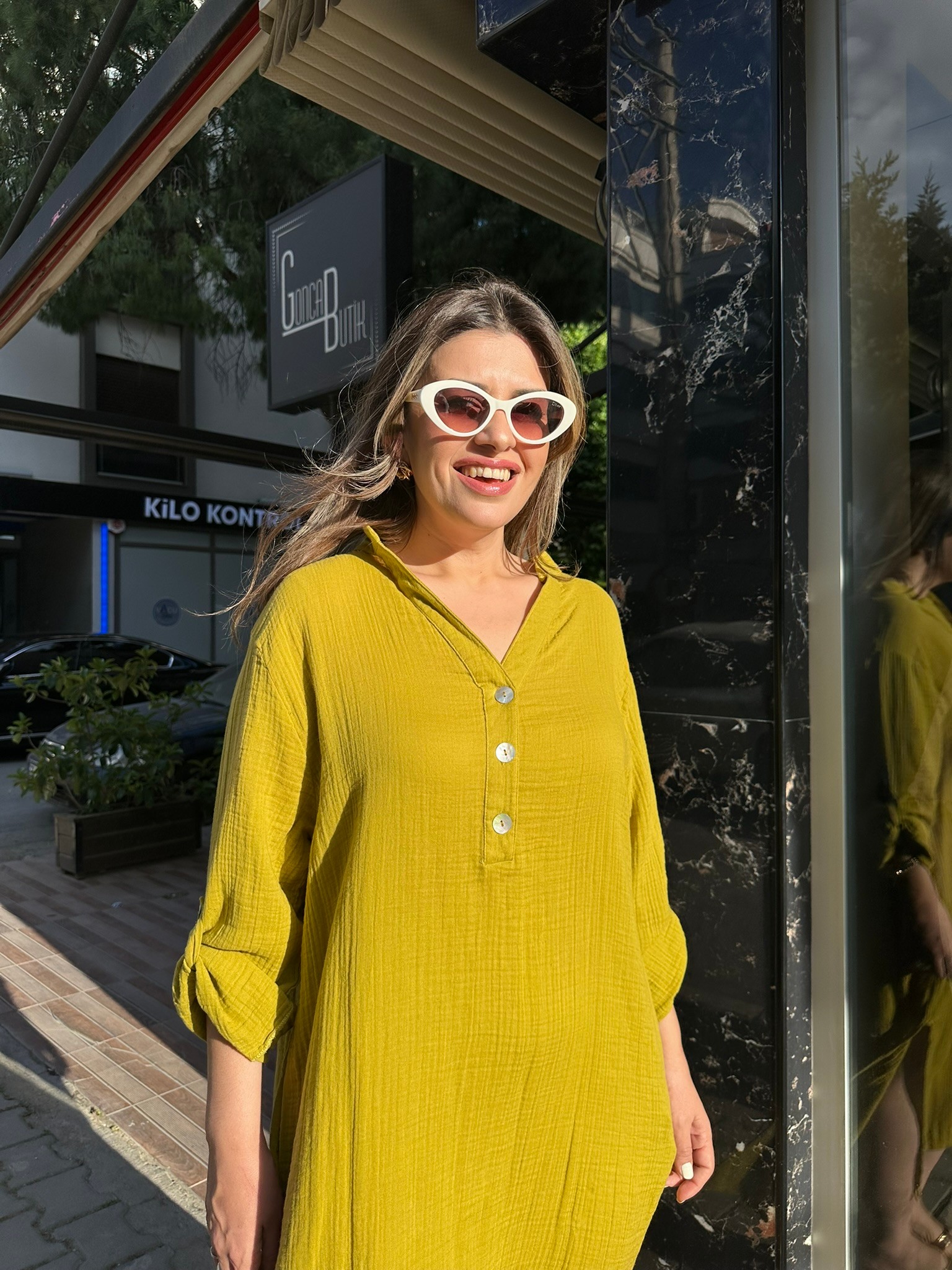 BLANCA Düğmeli Uzun Kollu Yanları Yırtmaçlı Elbise
