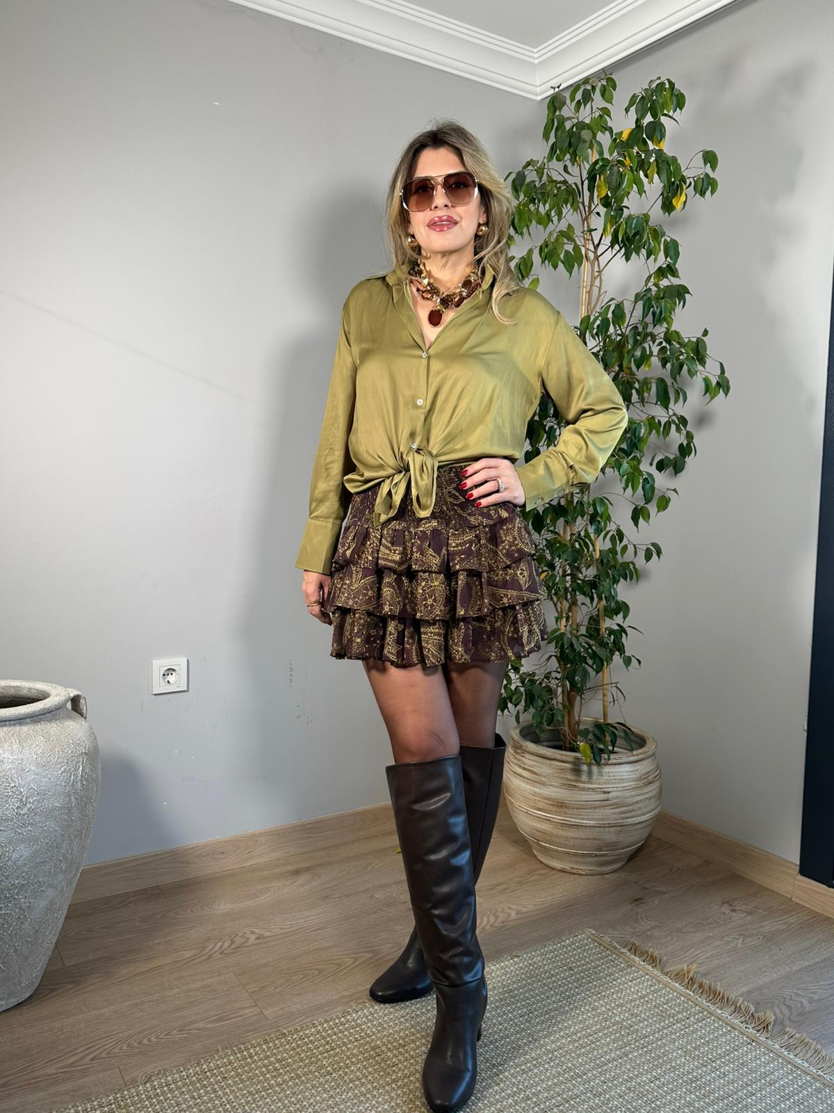 Diagonal Desen Saten Gömlek