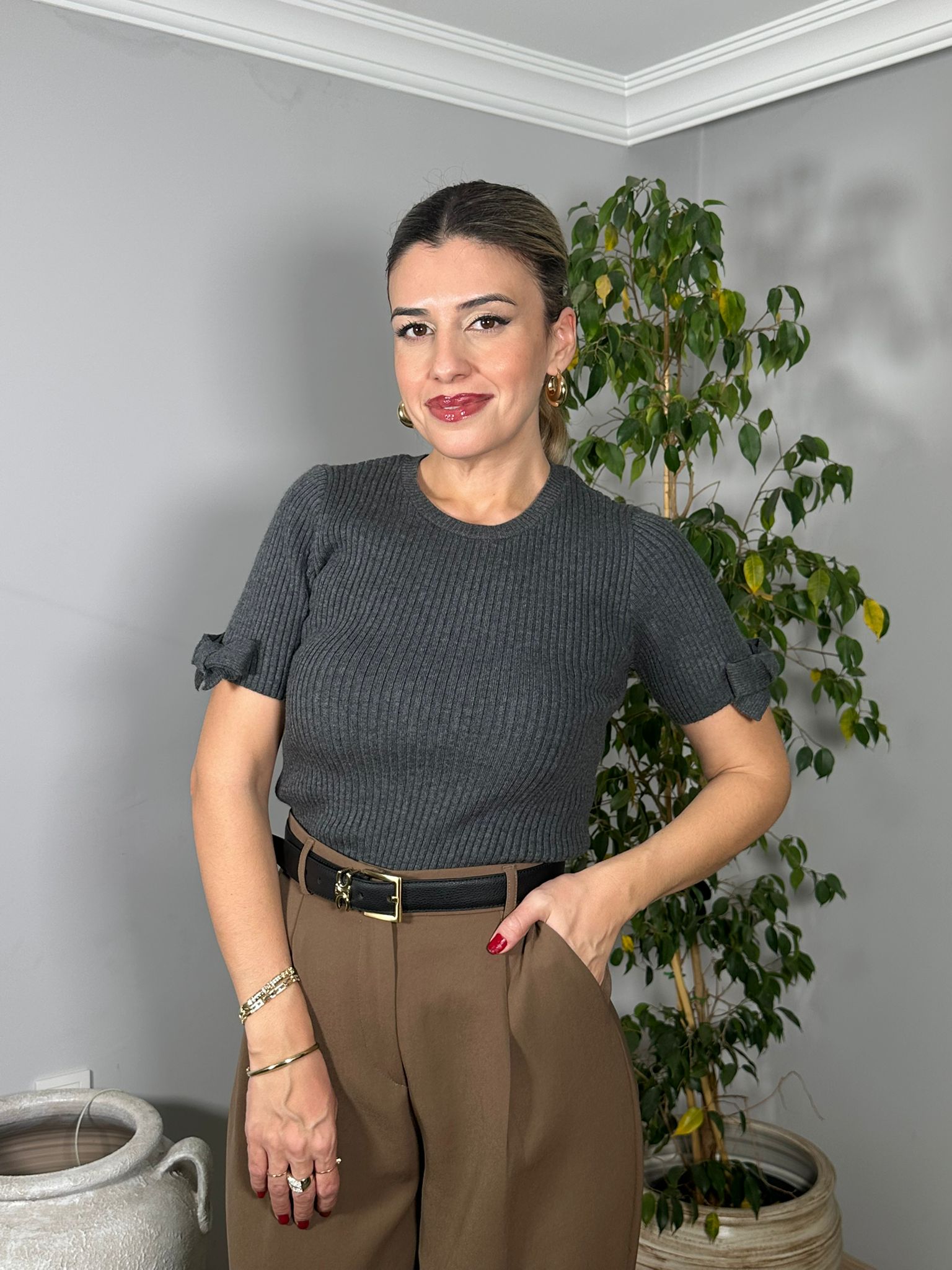 Fitilli Fiyonk Detaylı Triko Kazak