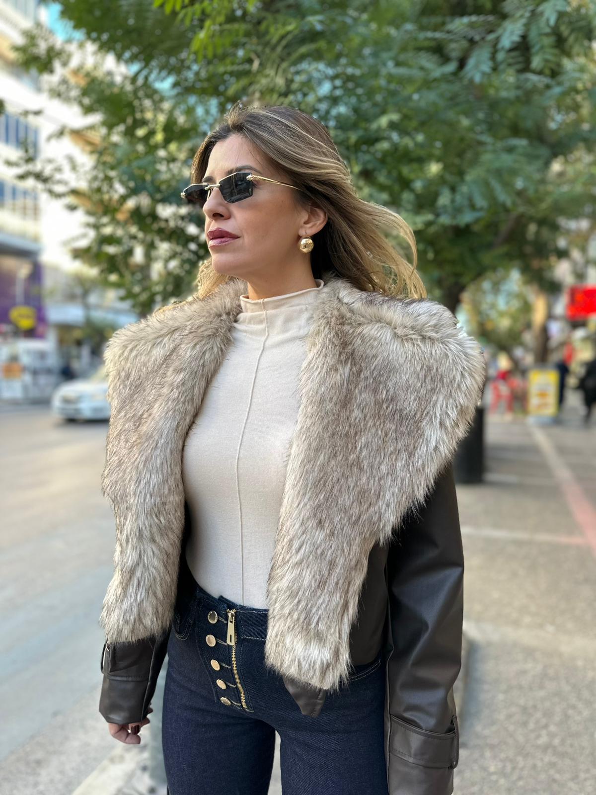 Kürklü Deri Ceket - Kahve