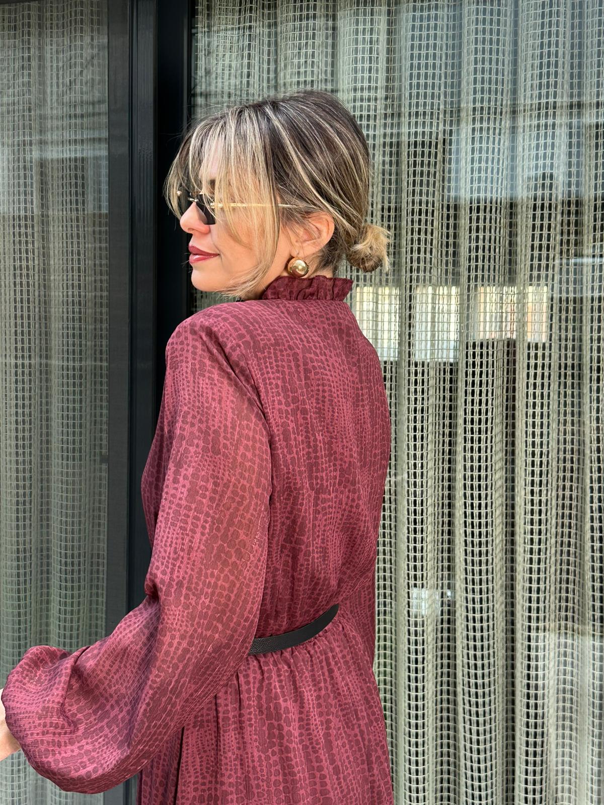 Fırfırlı Bağlamalı Kemerli Maxi Elbise