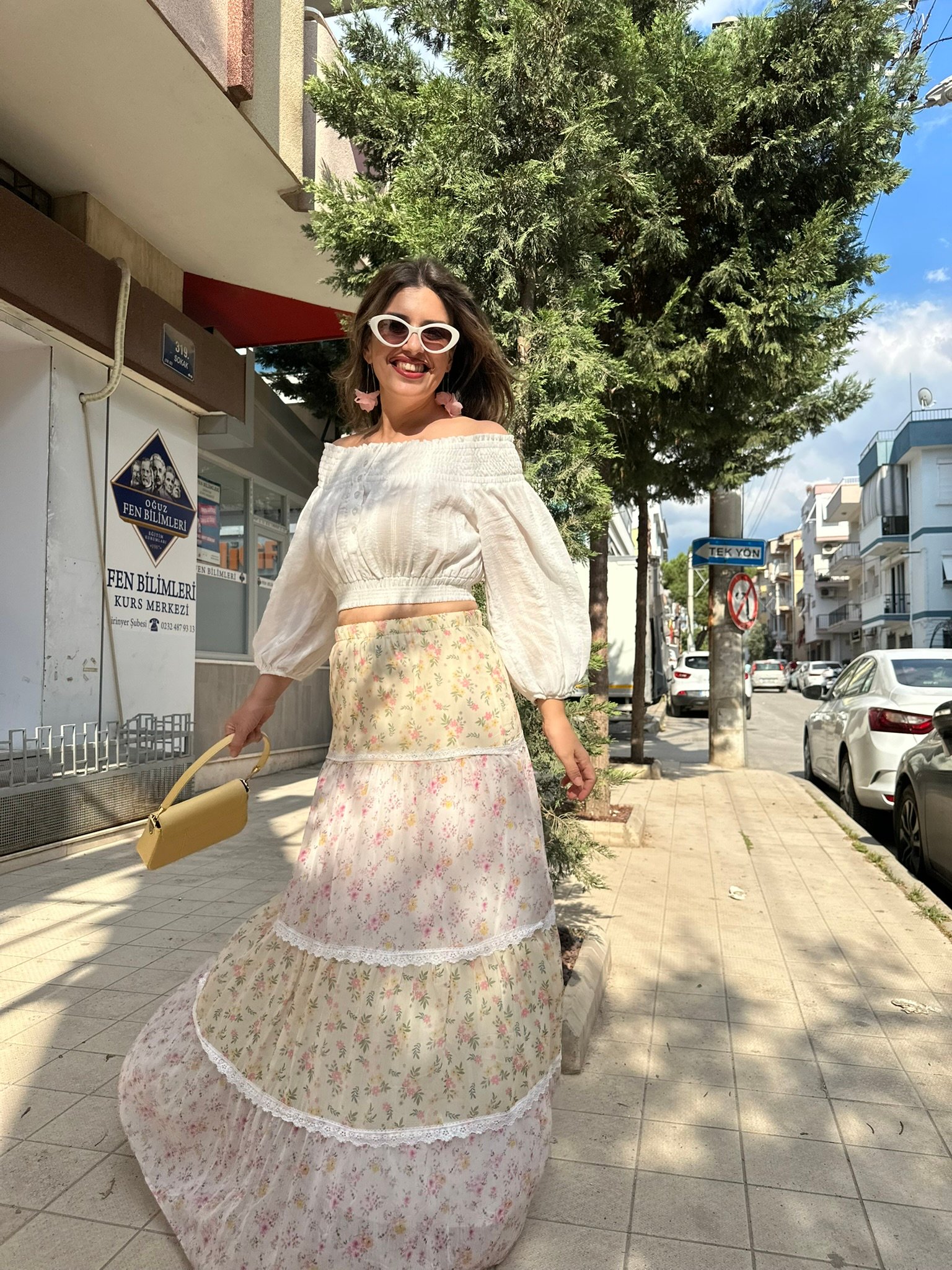 Renkli Fırfırlı Çiçekli Uzun Etek