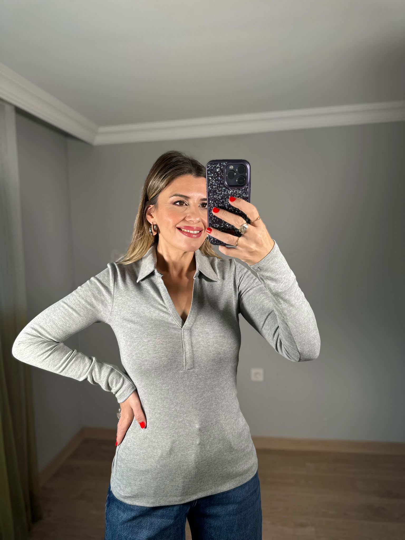 Polo Yaka Uzun Kollu Body - Gri