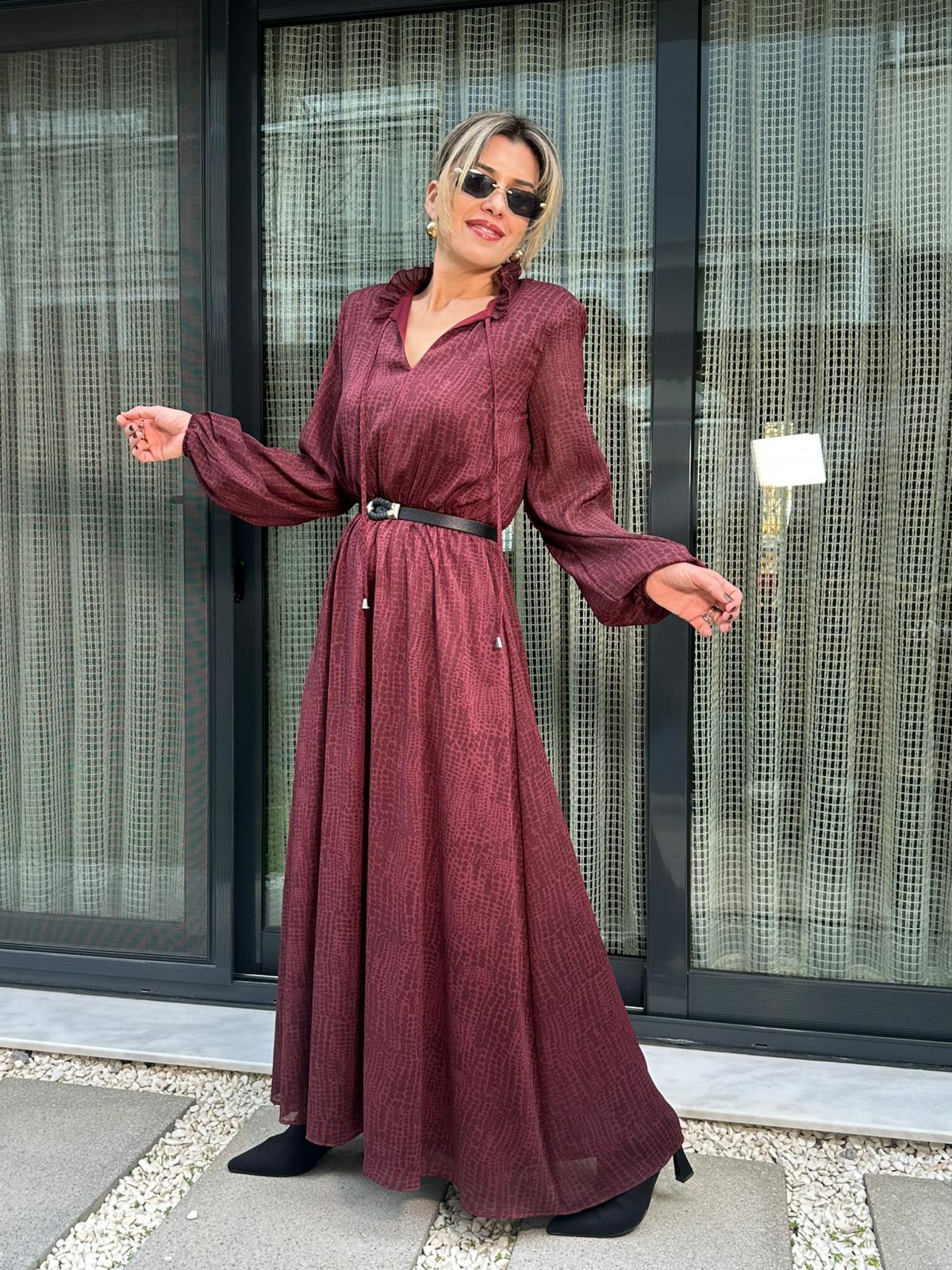 Fırfırlı Bağlamalı Kemerli Maxi Elbise - Bordo