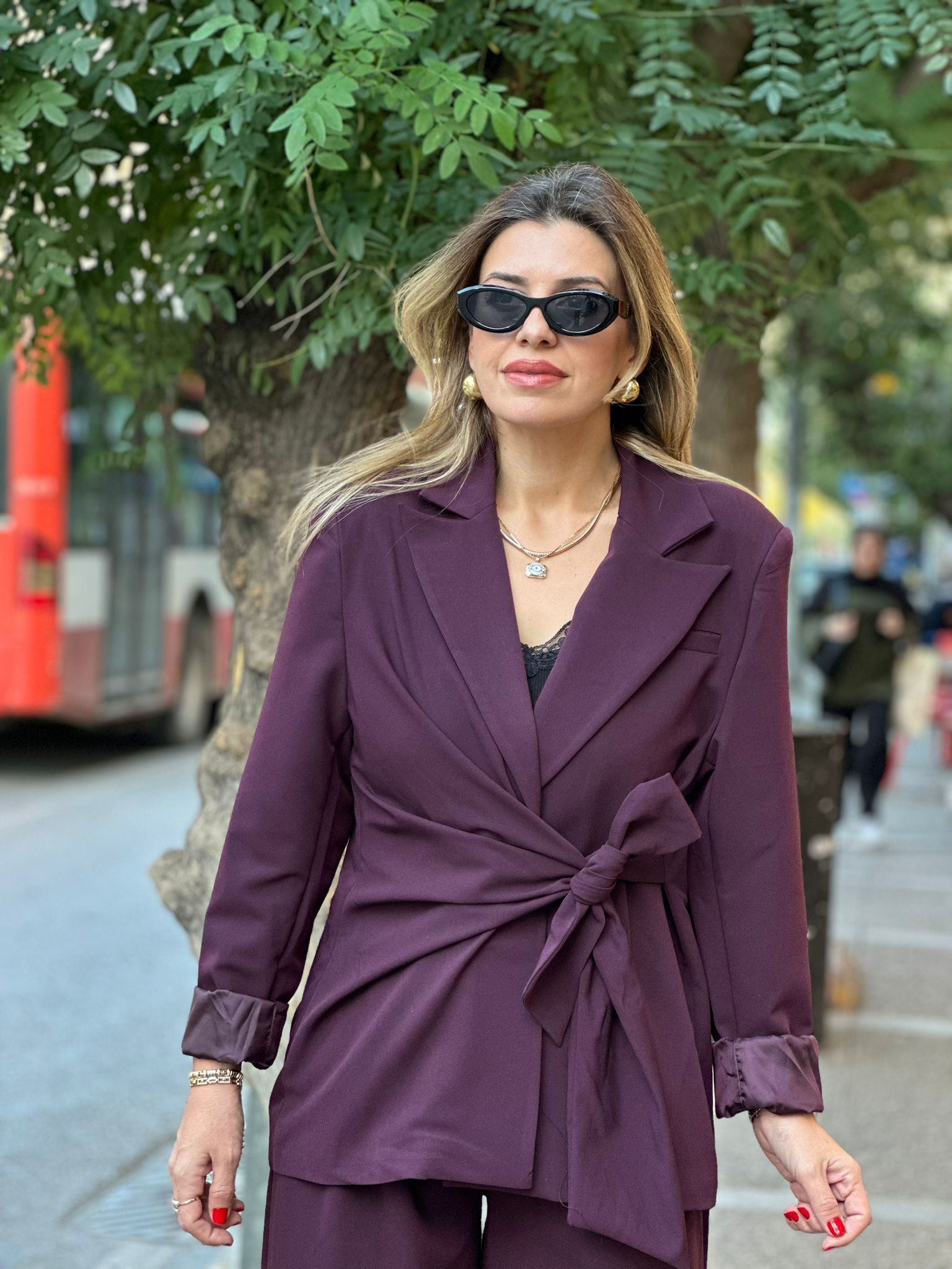 Yandan Bağlamalı Vatkalı Blazer Ceket - Mürdüm