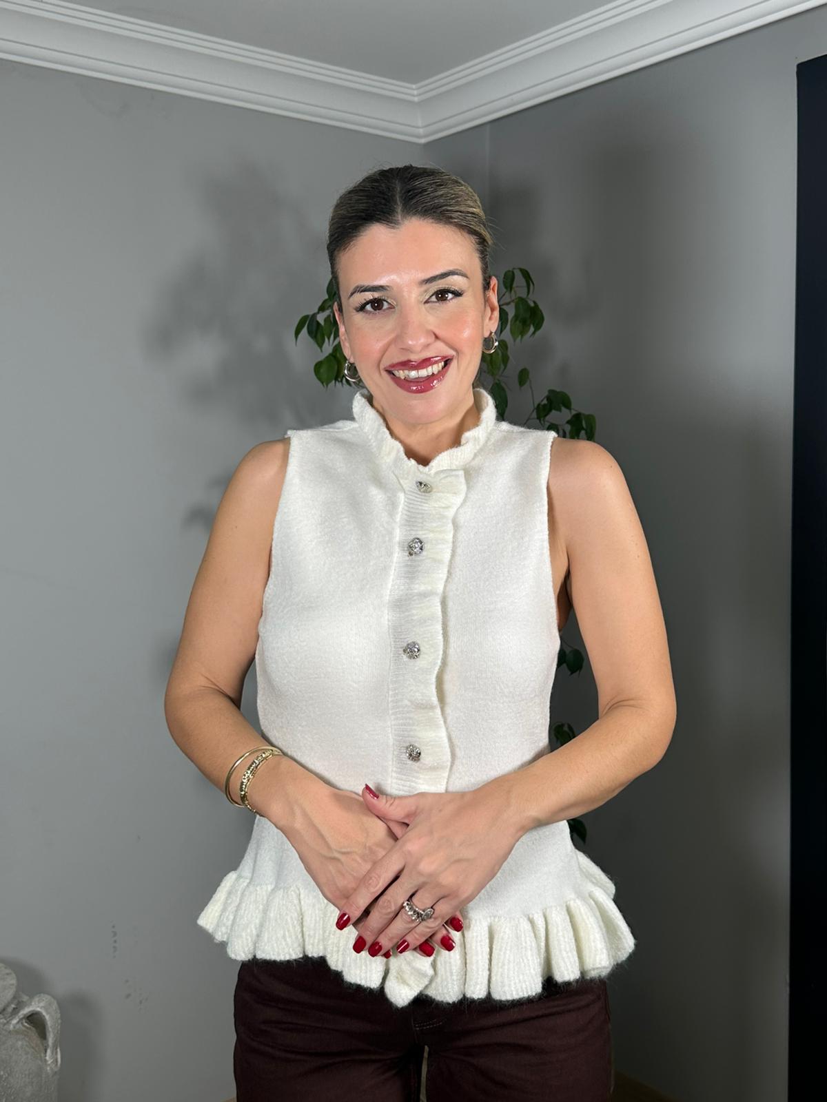 Fırfırlı Triko Yelek - Ekru