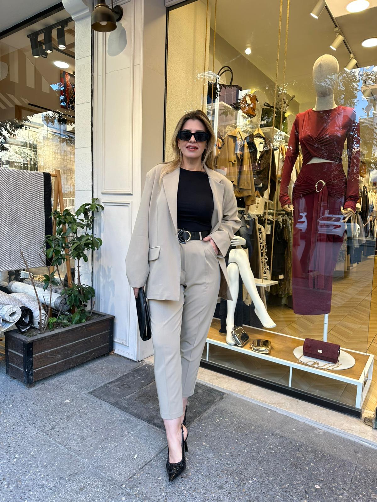 Blazer Ceket Kemerli Pantolon Takım - Camel