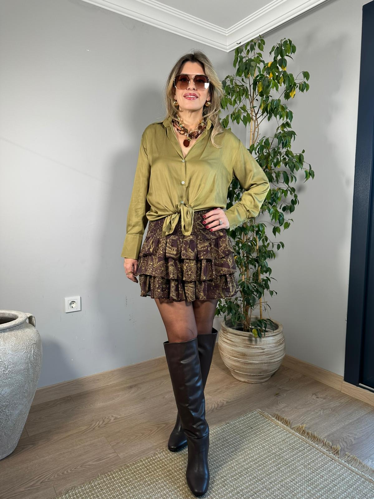 Diagonal Desen Saten Gömlek