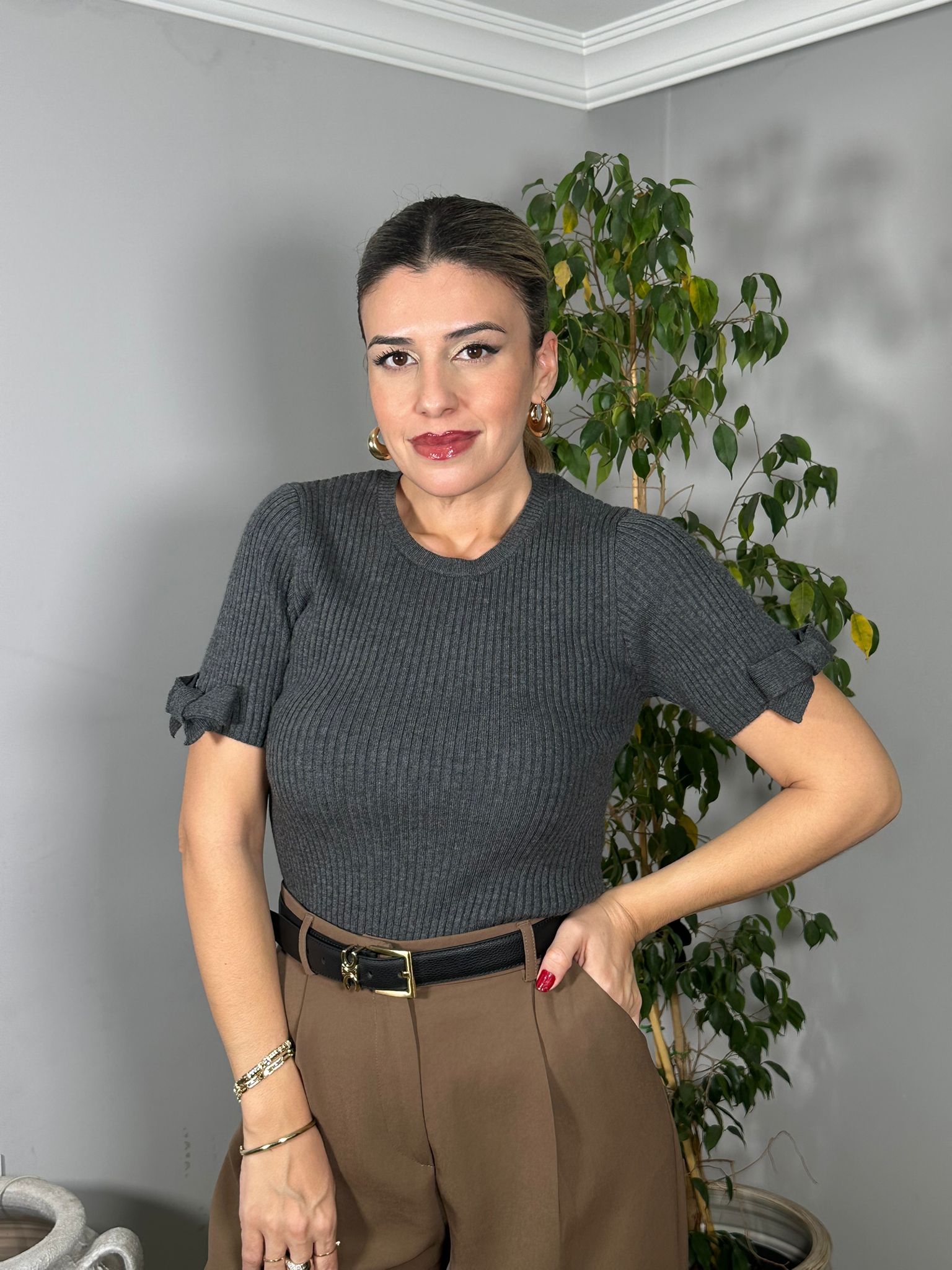 Fitilli Fiyonk Detaylı Triko Kazak - Gri