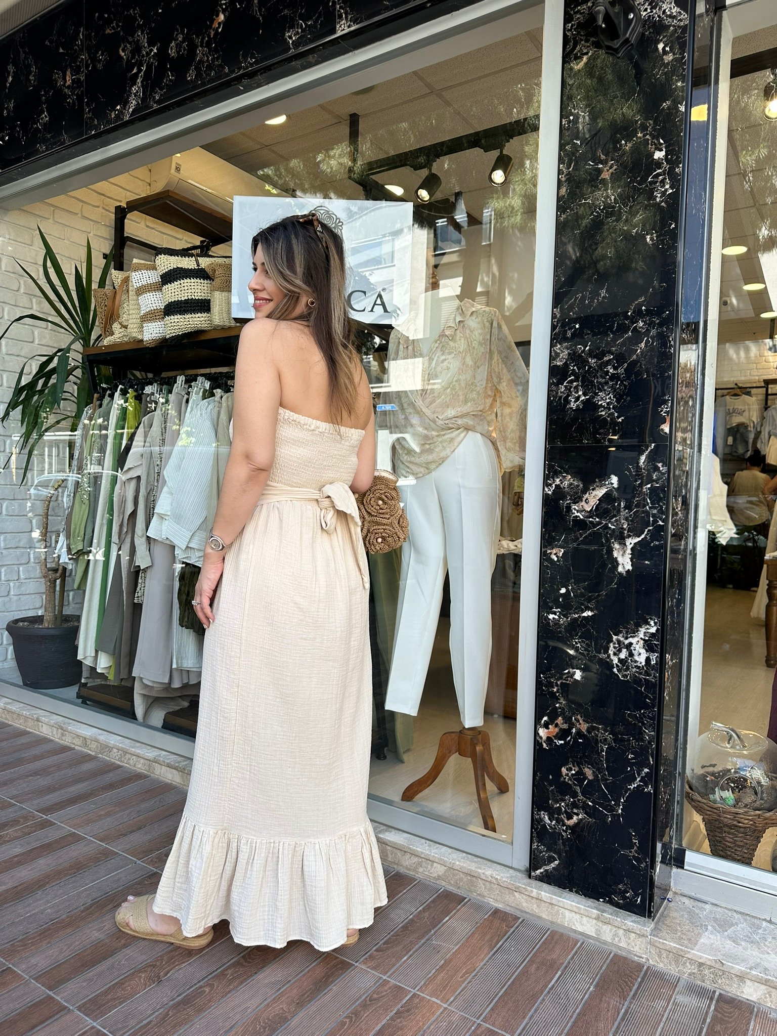BLANCA Beli Örgü Kemer Detaylı Straplez Elbise