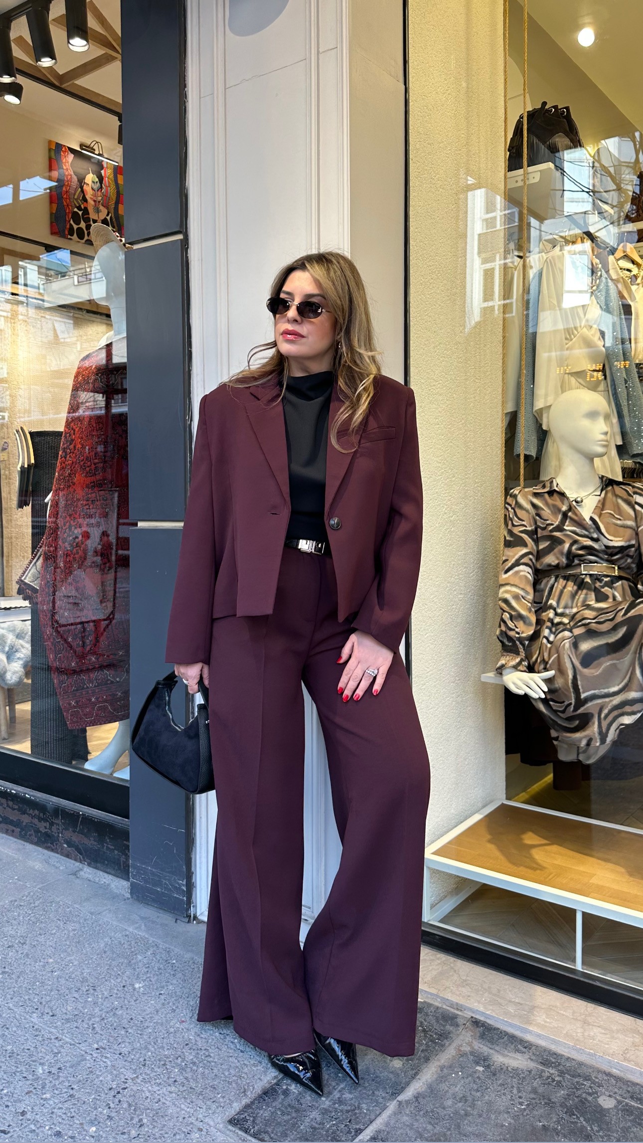 Kısa Blazer Ceket Pantolon Takım - Bordo