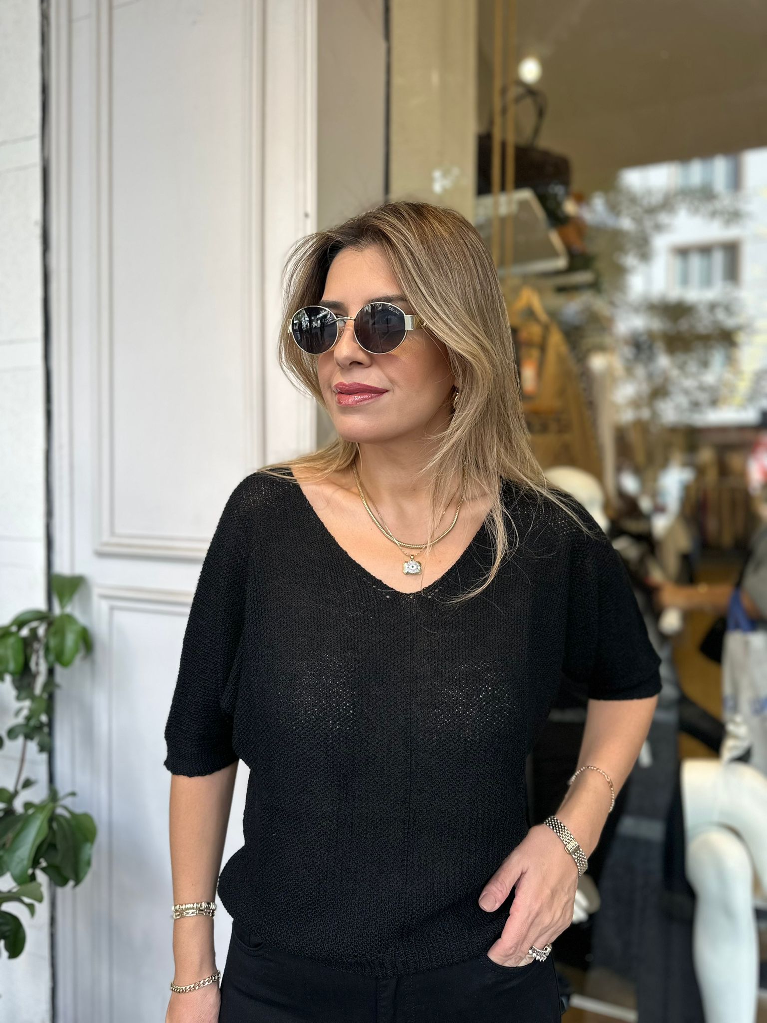 İthal V Yaka Triko Bluz - Siyah