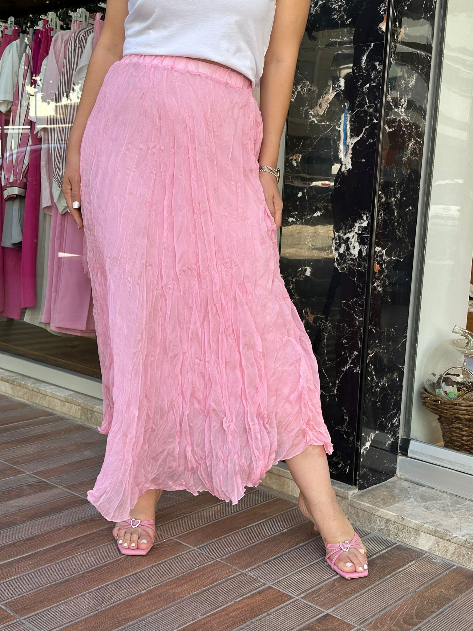 Beli Lastikli Kırışık Kumaş Astarlı Etek