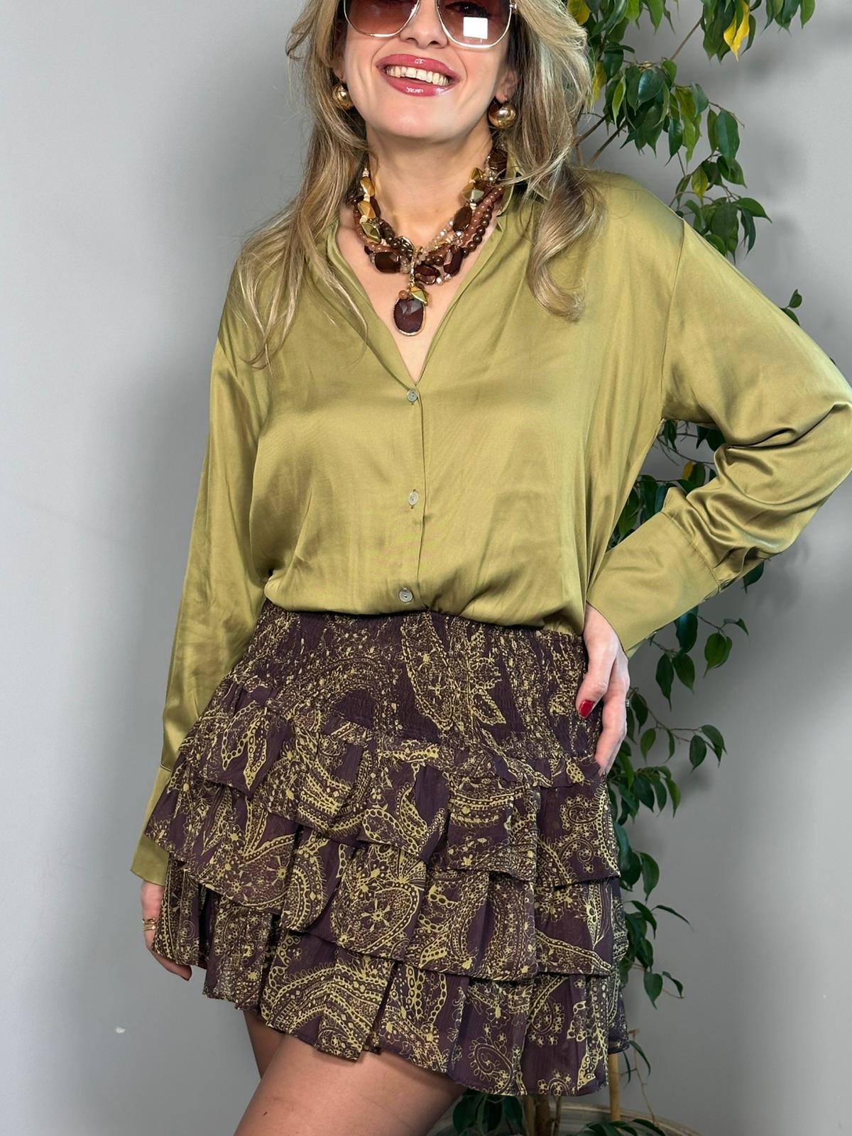 Diagonal Desen Saten Gömlek - Yağ Yeşili