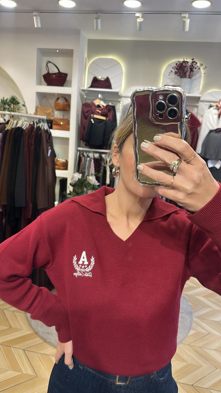 Nakış İşlemeli Polo Yaka Triko Kazak