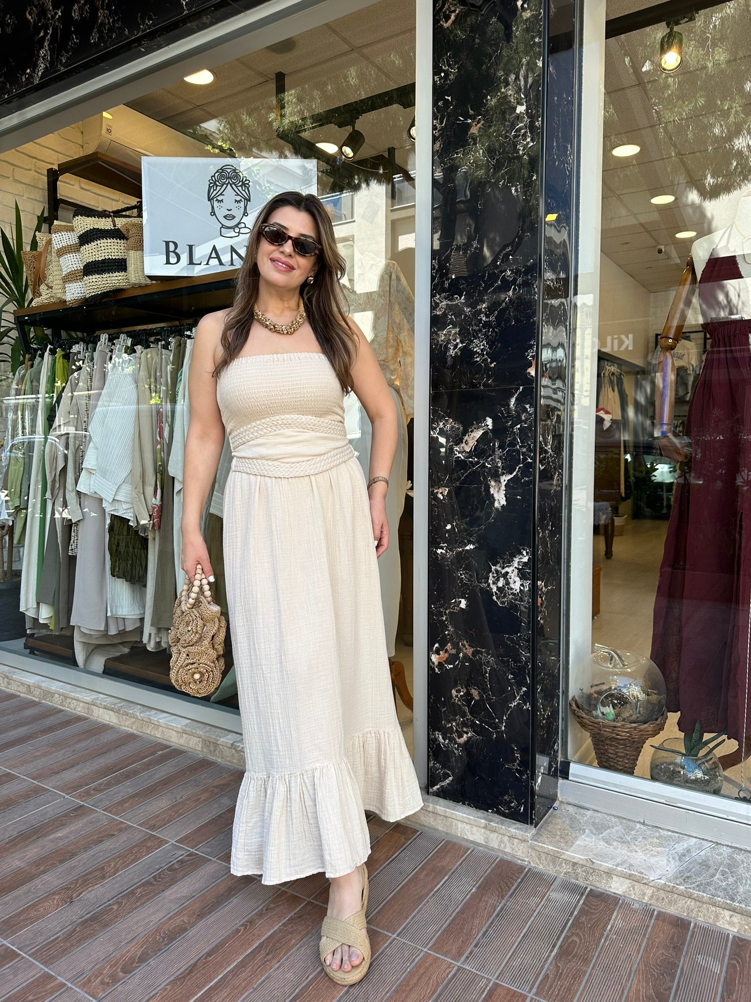 BLANCA Beli Örgü Kemer Detaylı Straplez Elbise - Krem