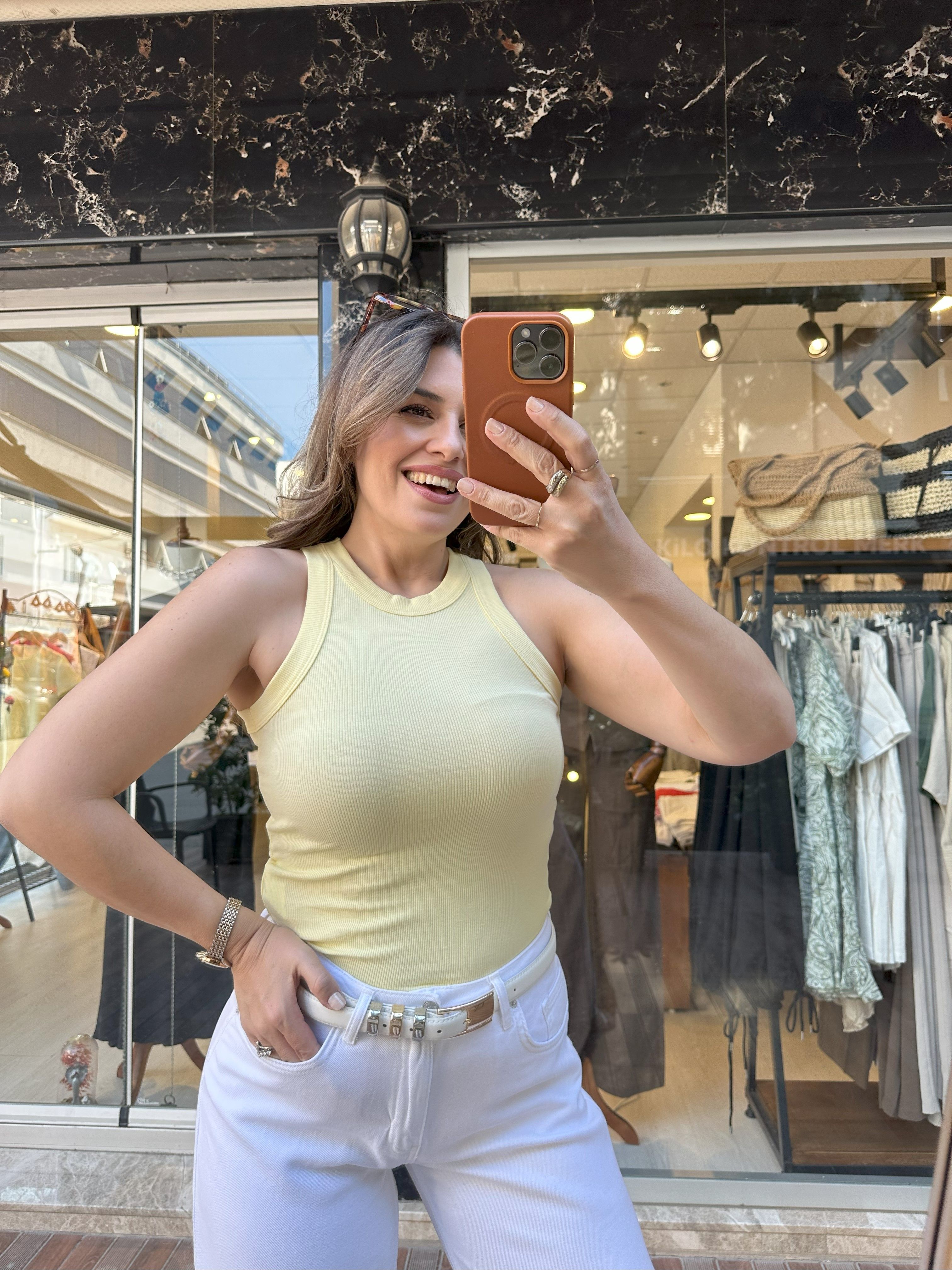 Halter Yaka Kaşkorse Body - Sarı