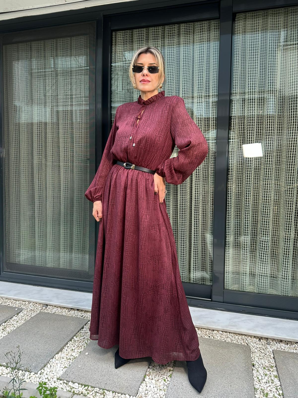 Fırfırlı Bağlamalı Kemerli Maxi Elbise