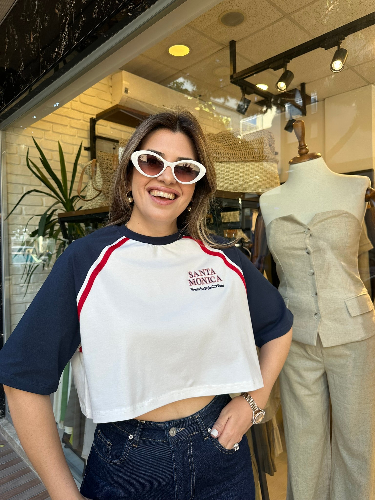 Kırmızı Lacivert Baskılı Crop T-shirt